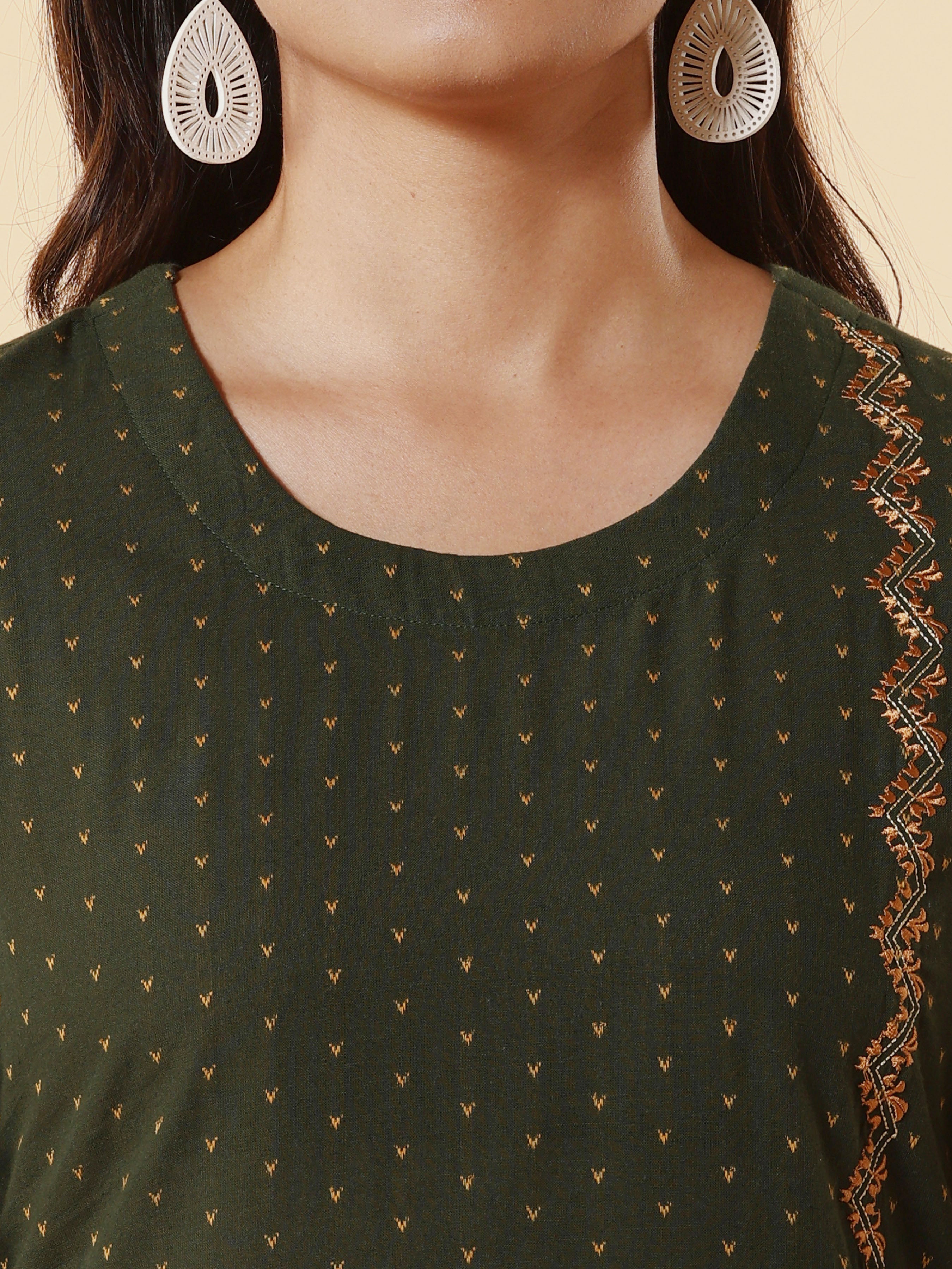 Bottle Green Cotton Dobby Kurti With Embroidery