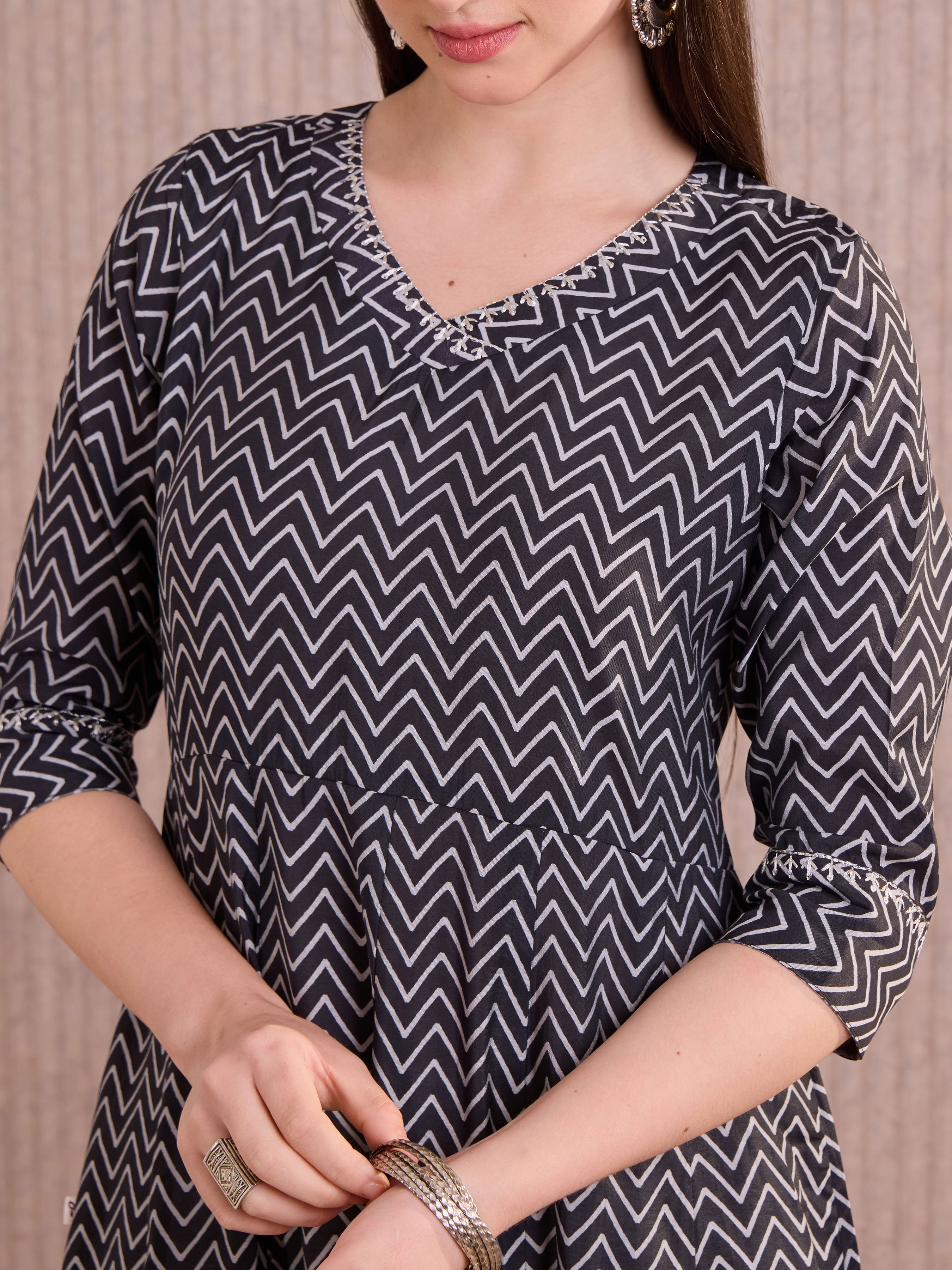 Black Modal Chanderi Printed Kali Cut Kurti With Sequins Embroidery Work