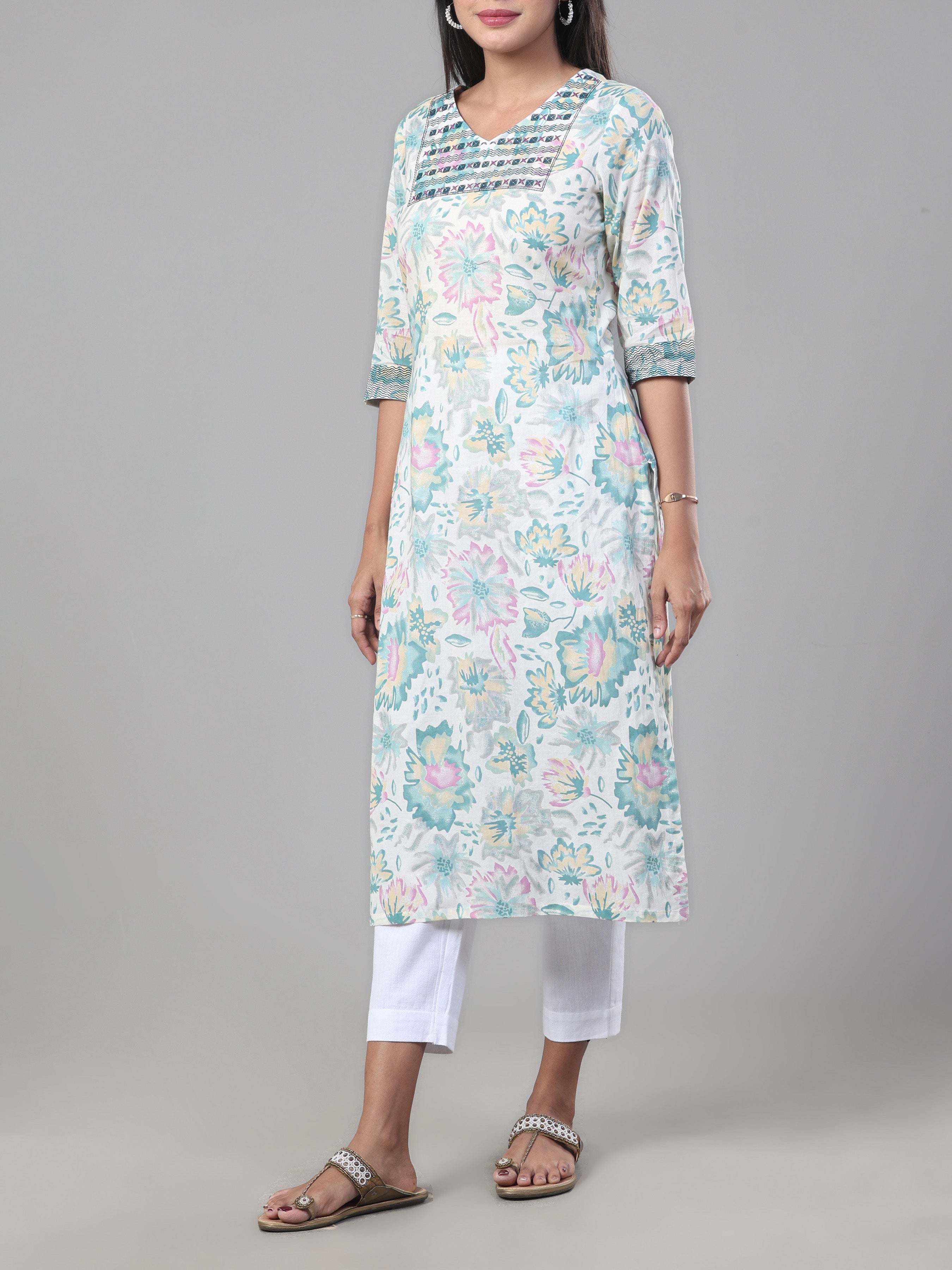 Multi Colour Pure Cotton Kurti With Embroidery