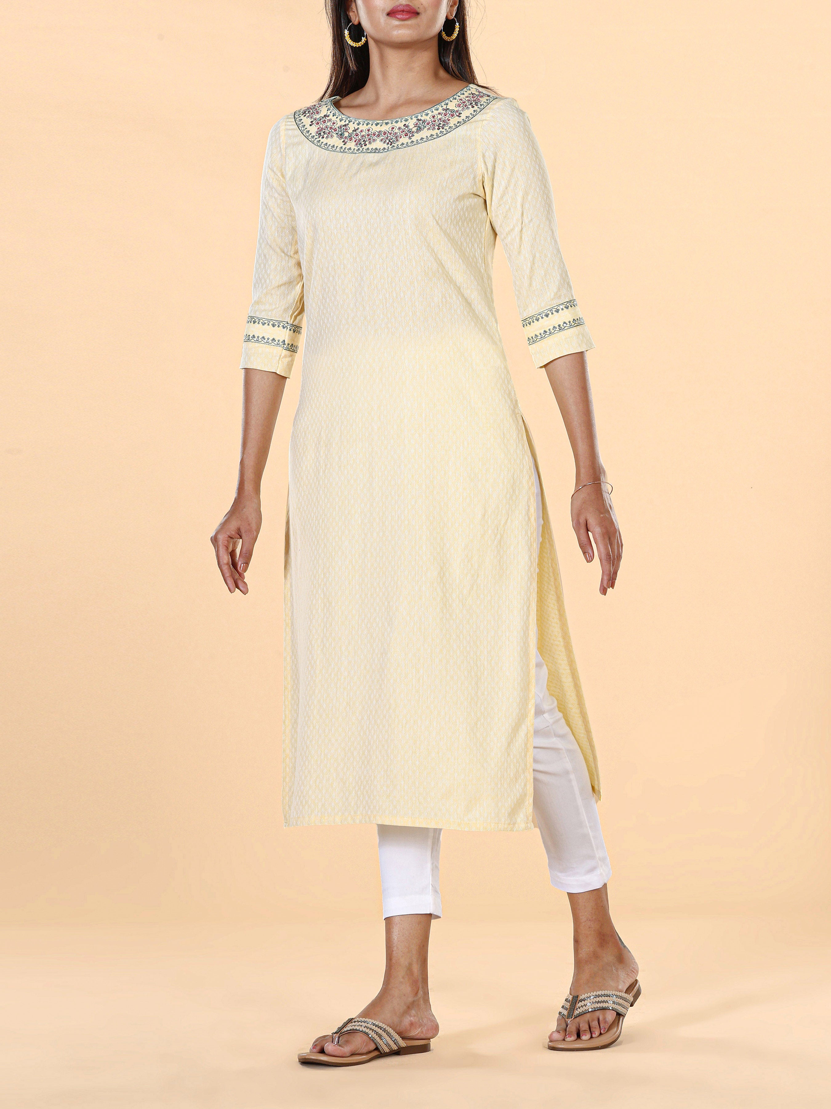 Pale Yellow Cotton Dobby Plain Kurti With Cording Embroidery