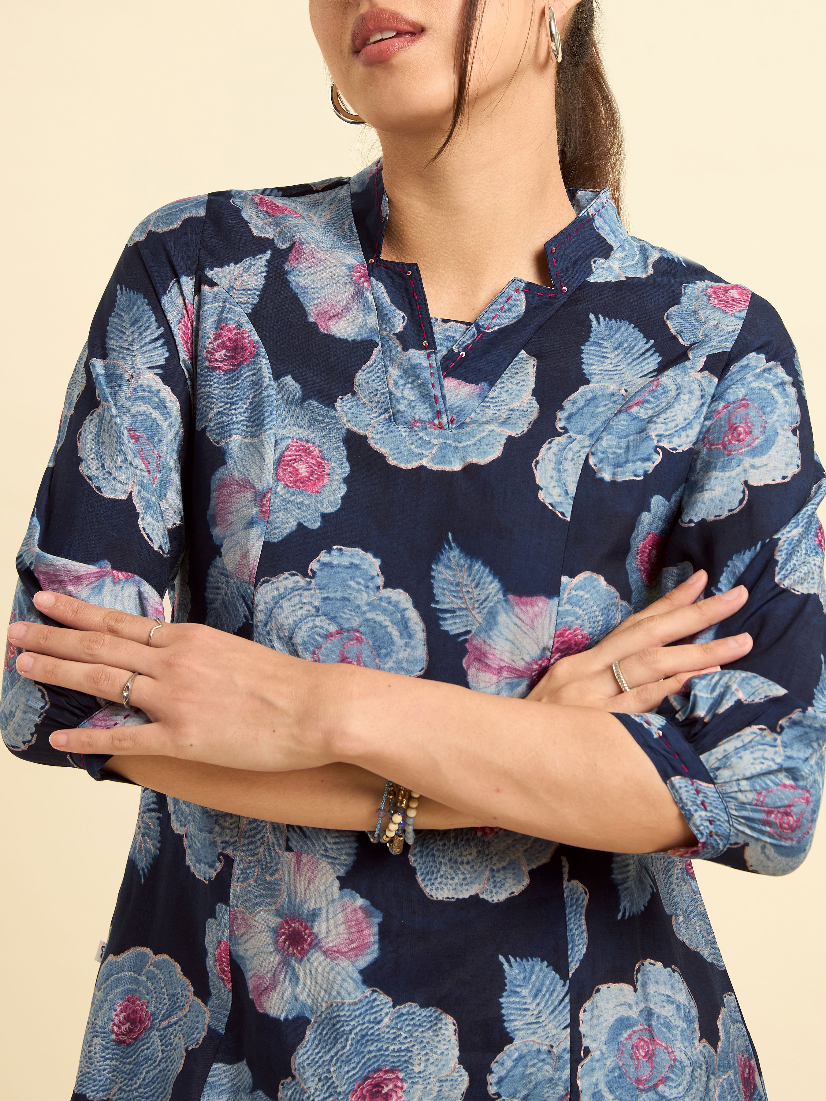 Navy Blue Modal Chanderi Princess Cut Printed Kurti With Embroidery And Sequins Work