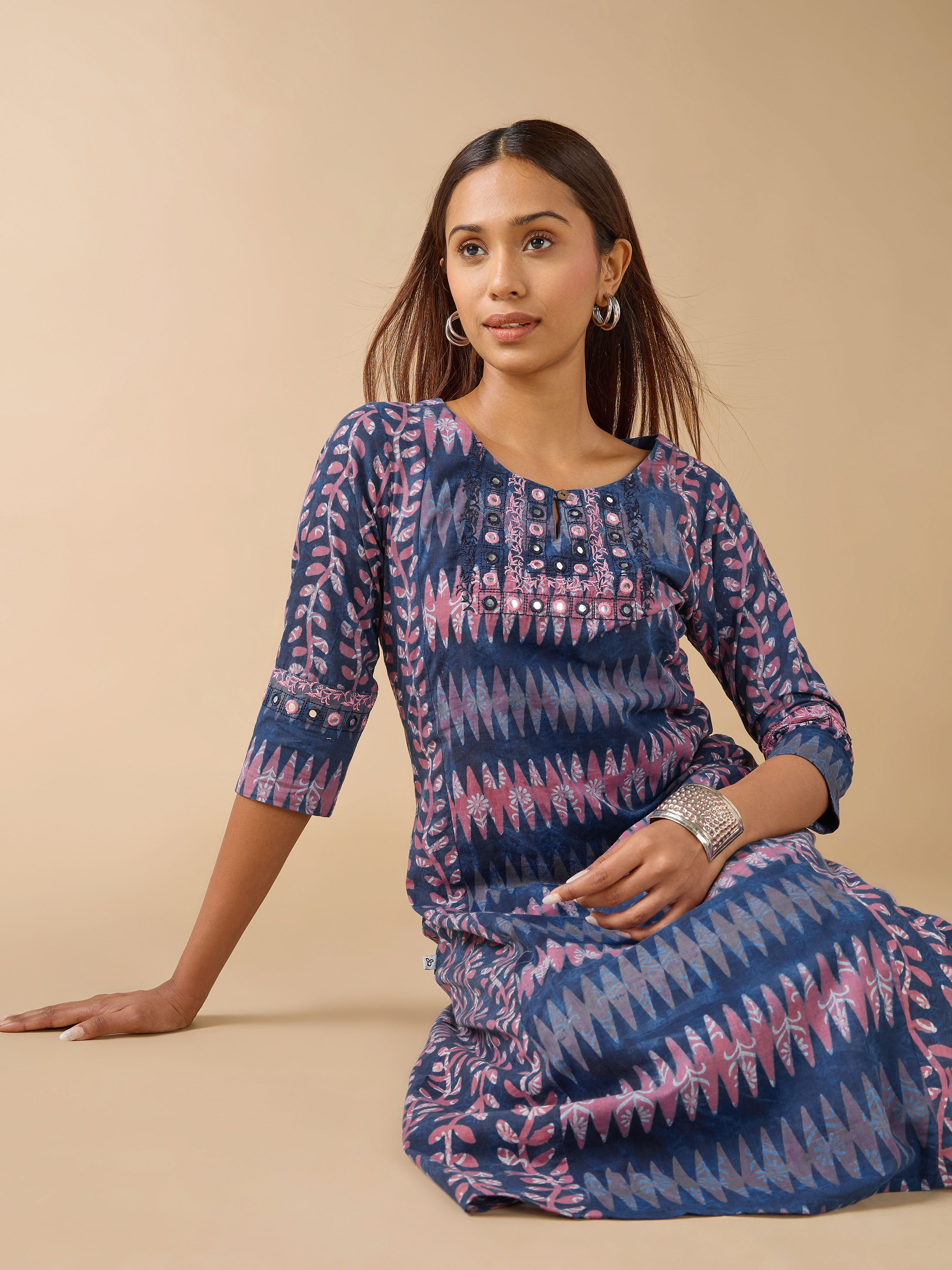 Indigo Pure Cotton Natural Printed Kurti With Mirror Embroidery