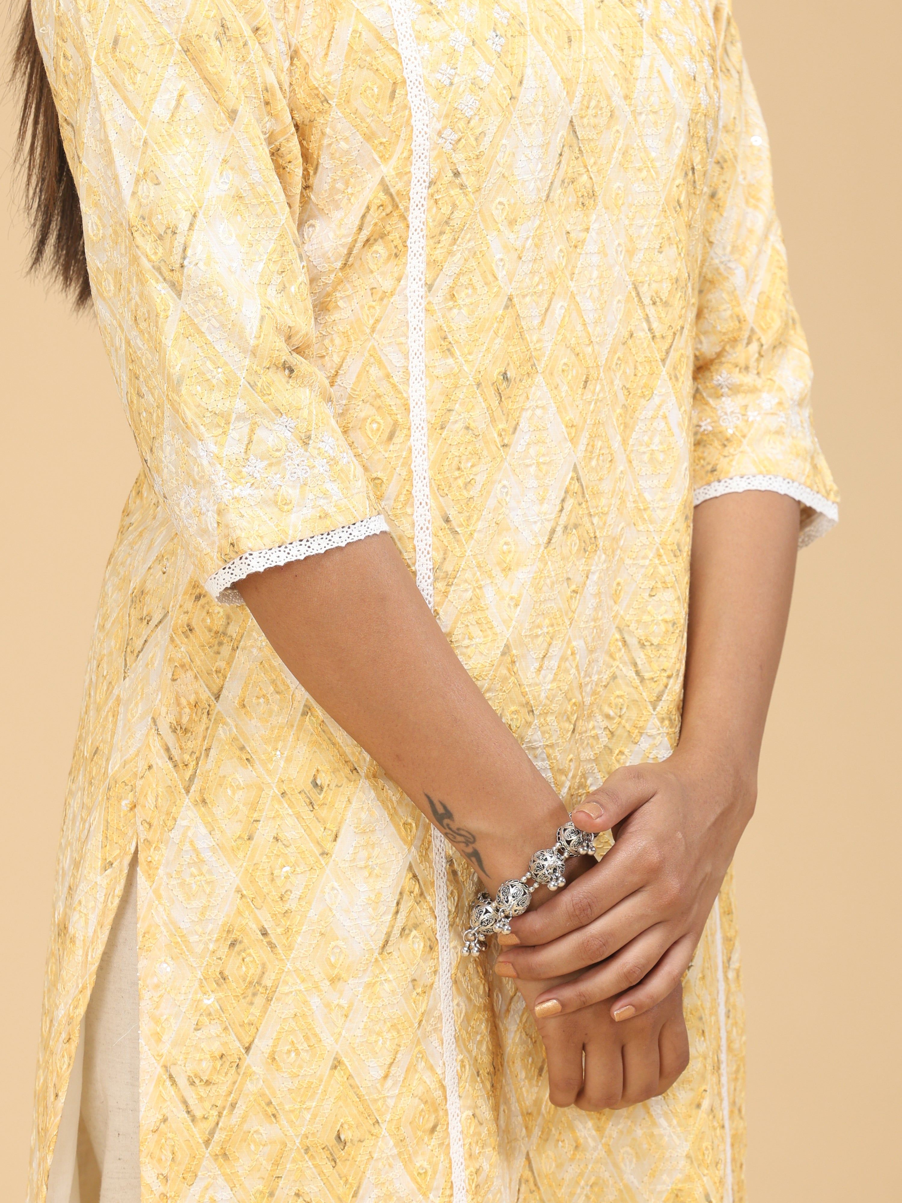 Yellow Viscose Schifili Printed Kurti With Embroidery