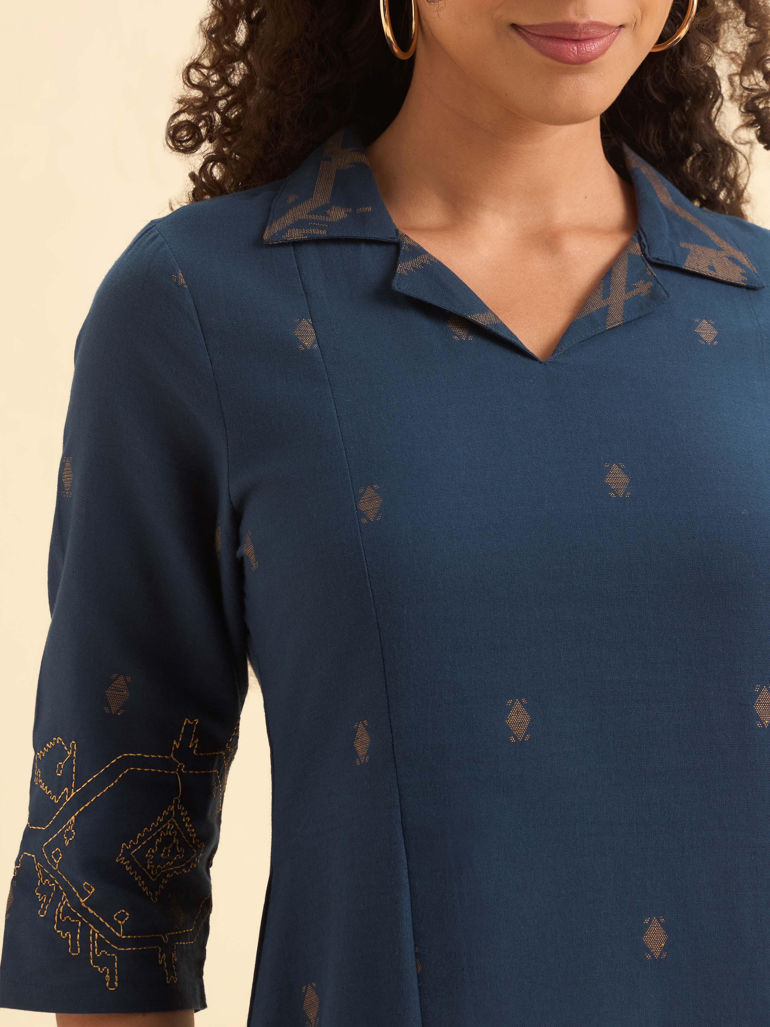 Navy Mustard Cotton Dobby Plain Center Panel Kurti With Embroidery