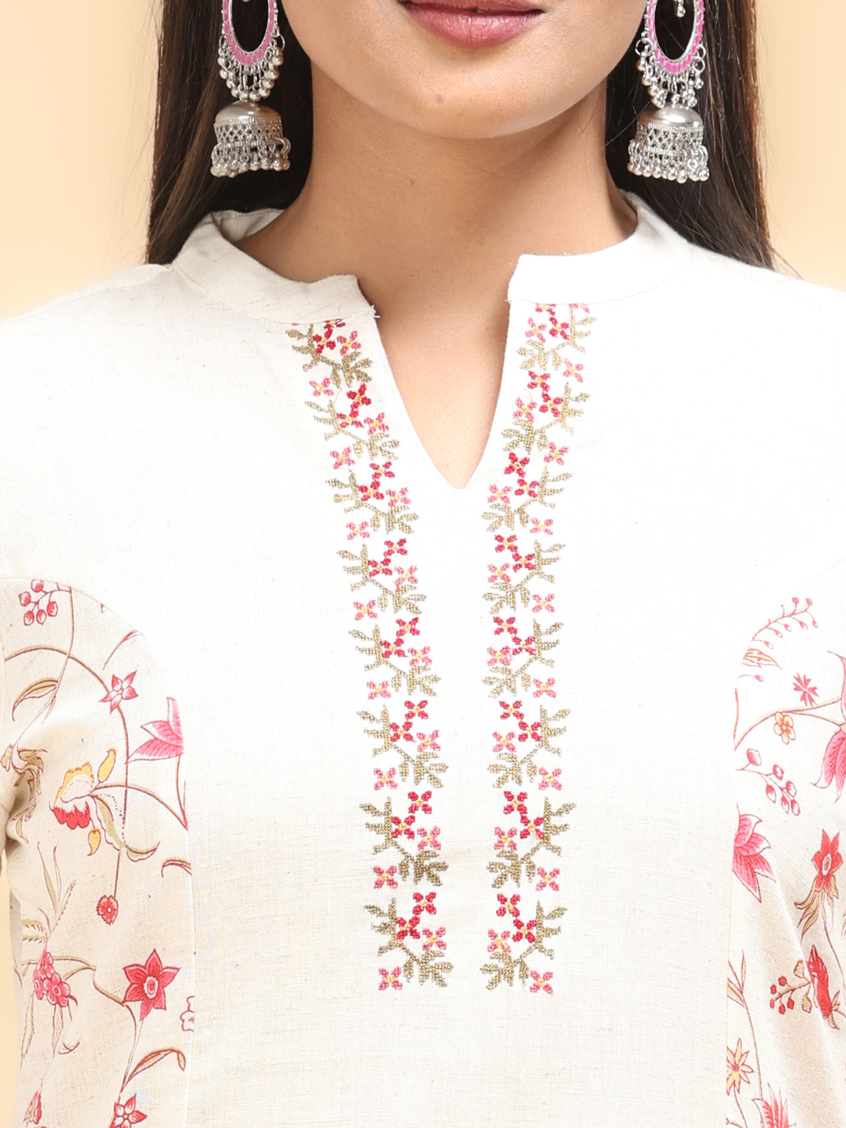 Off White Cotton Flax Printed Kurti With Pannel Cut