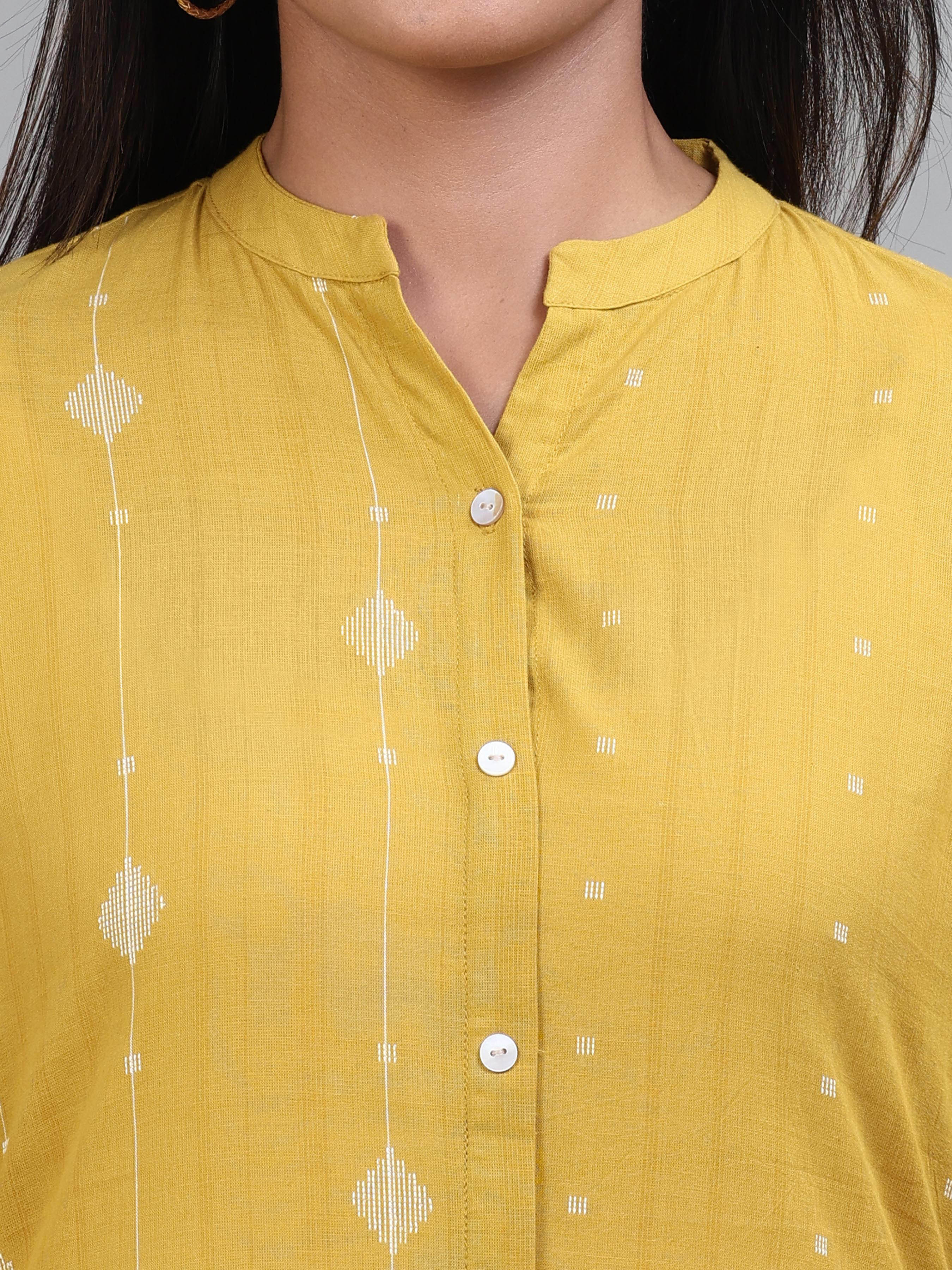 Pale Yellow Cotton Dobby Kurti With Embroidery