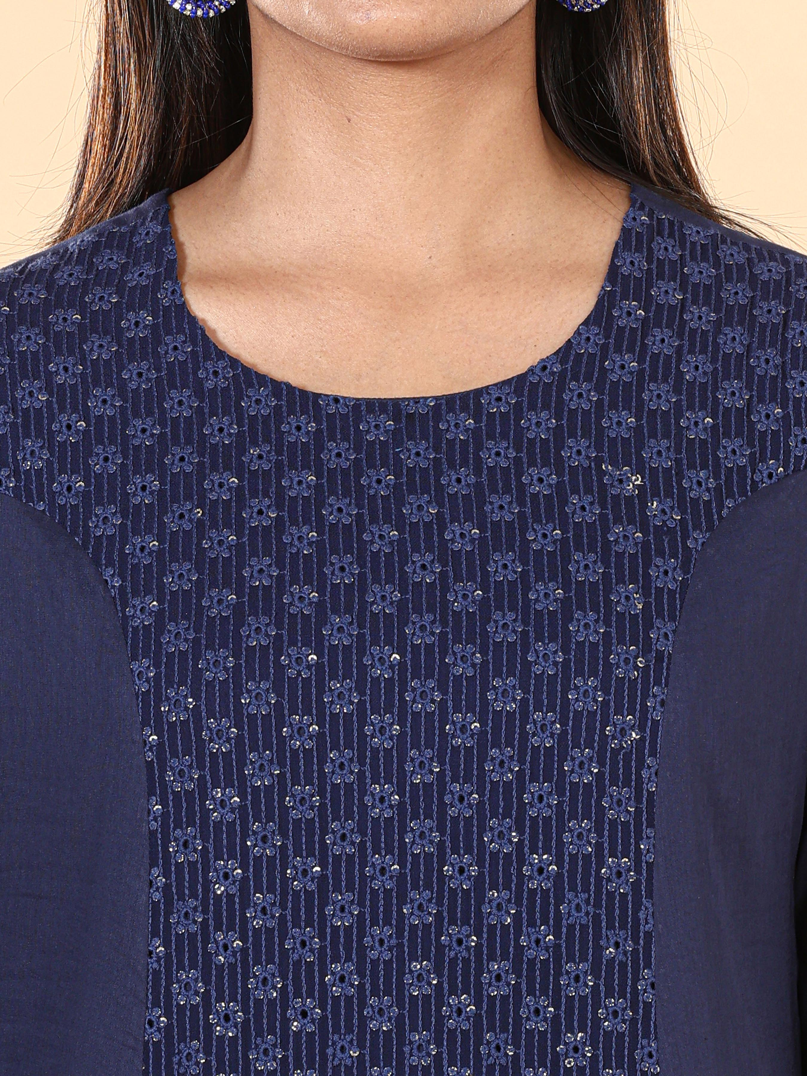 Navy Blue Pure Cotton Kurti With Sequins Work