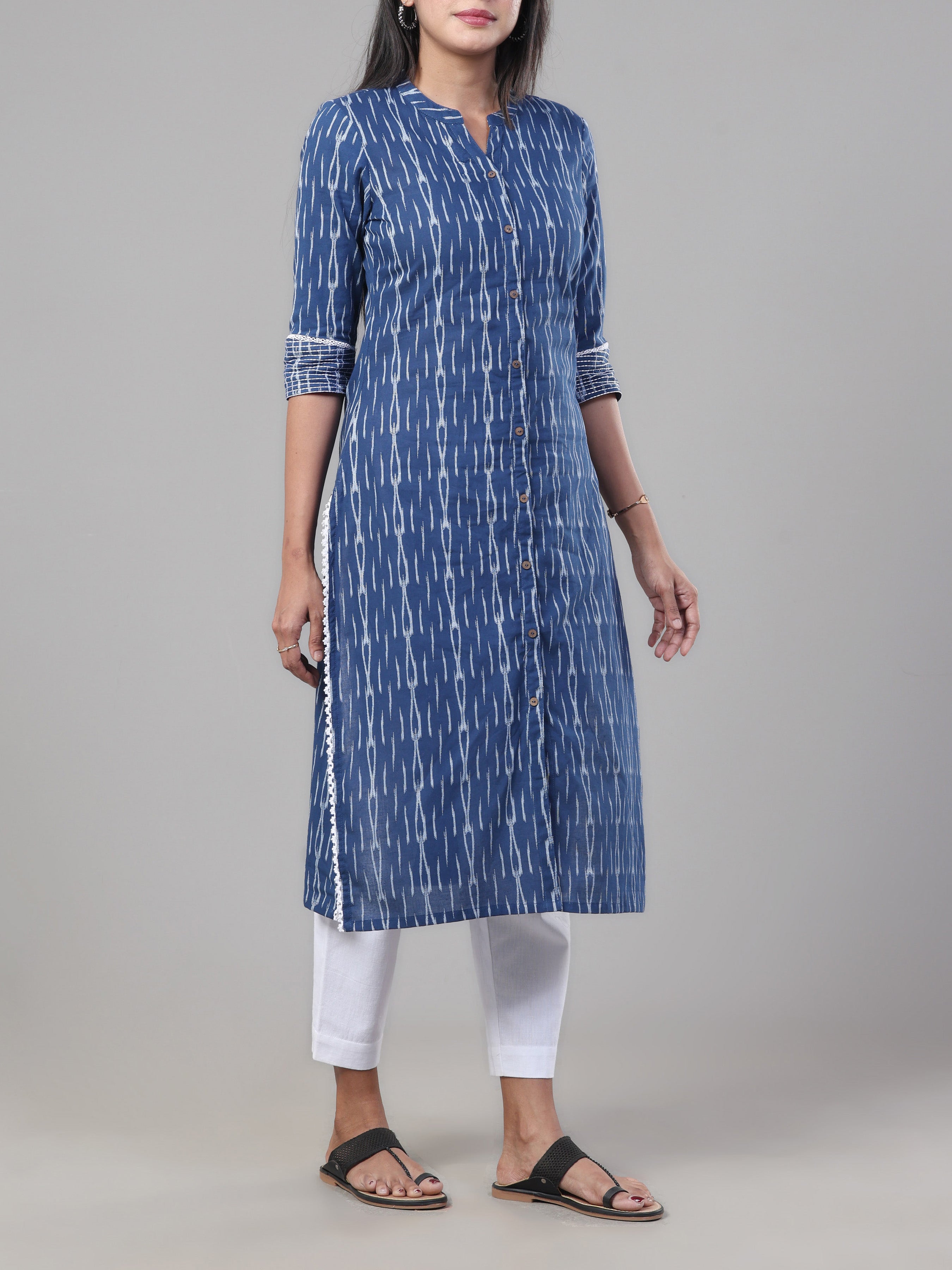 Navy Blue Cotton Dobby Kurti With Lace Detailing