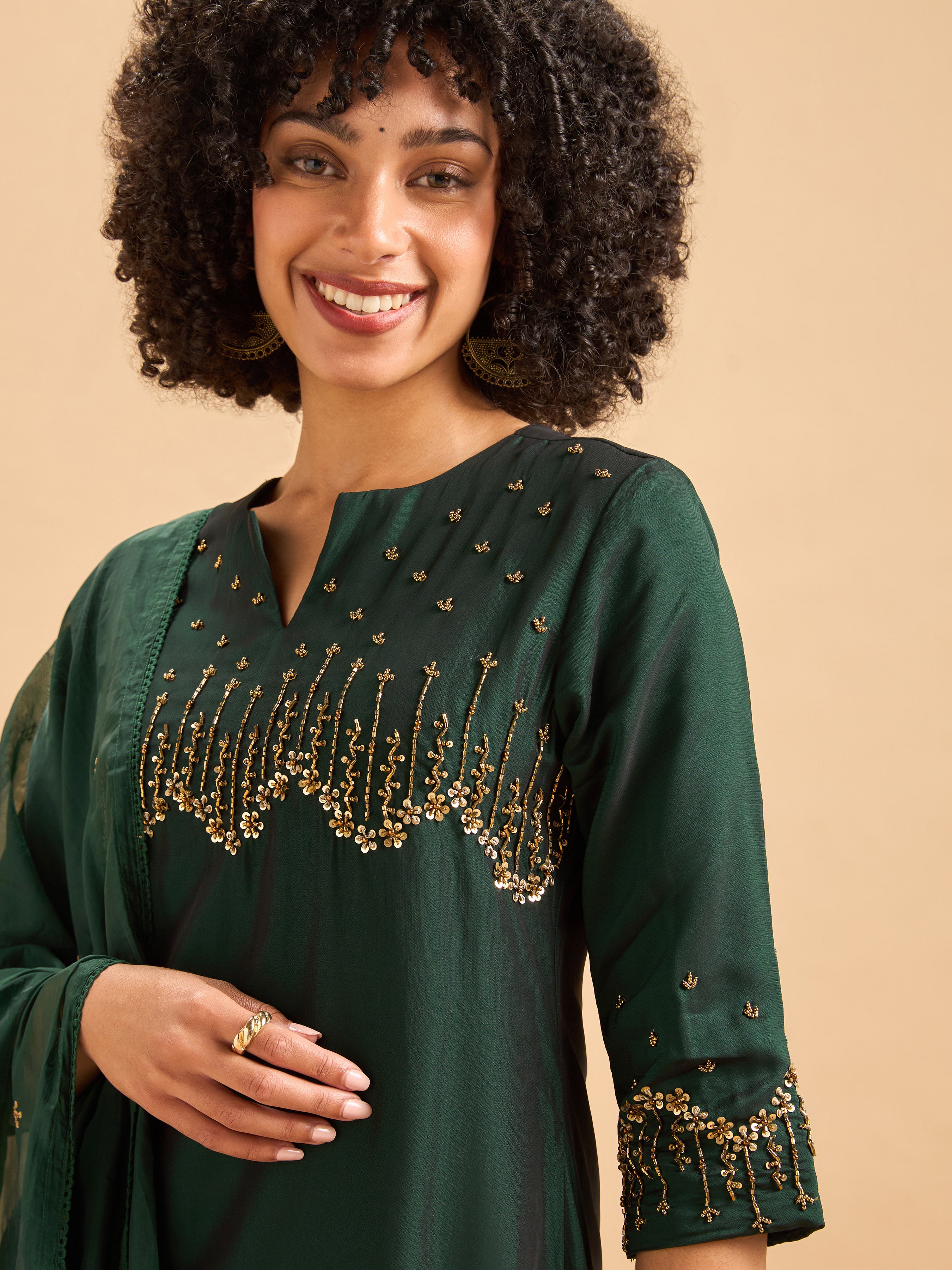 Bottle Green Viscose Slub Plain Kurti Set & Dupatta With Hand Work