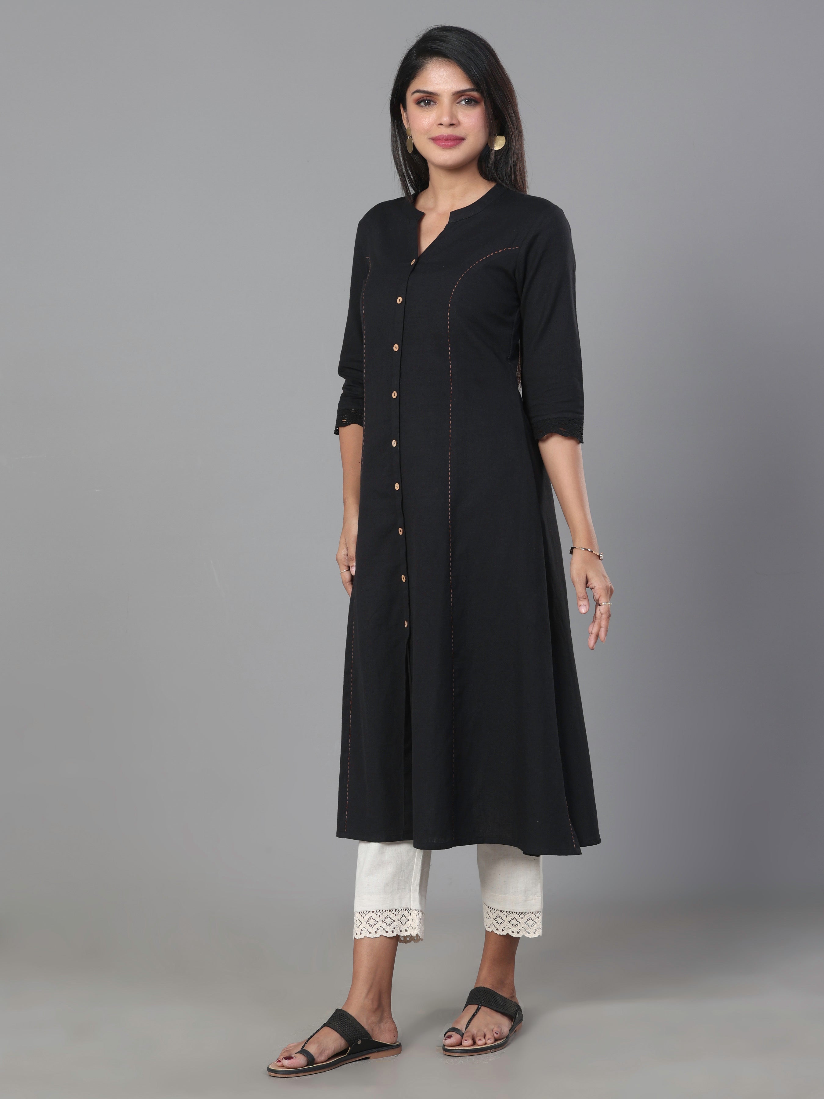 Black Cotton Flax Plain Kurti With Button Placket