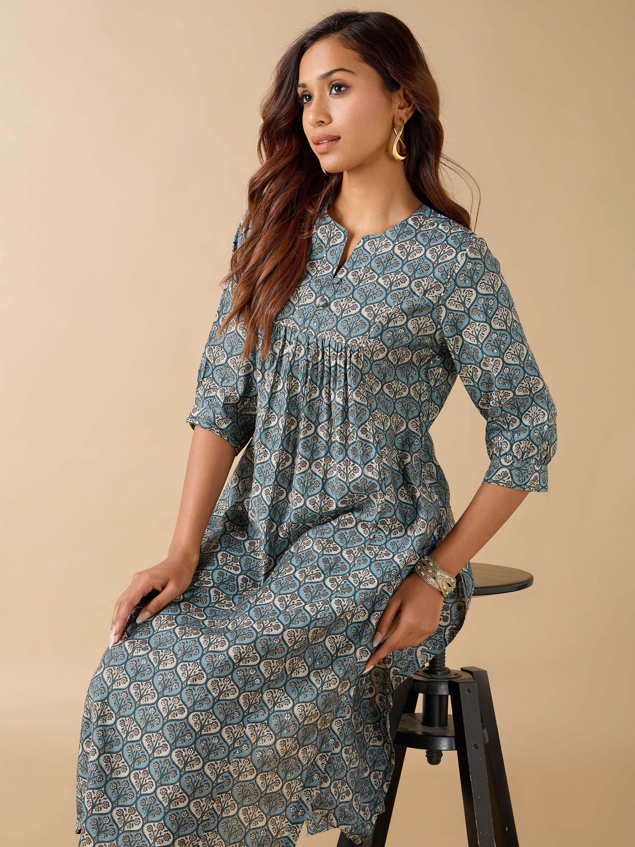 Blue Modal Chanderi Foil Printed Kurti With Sequins Work