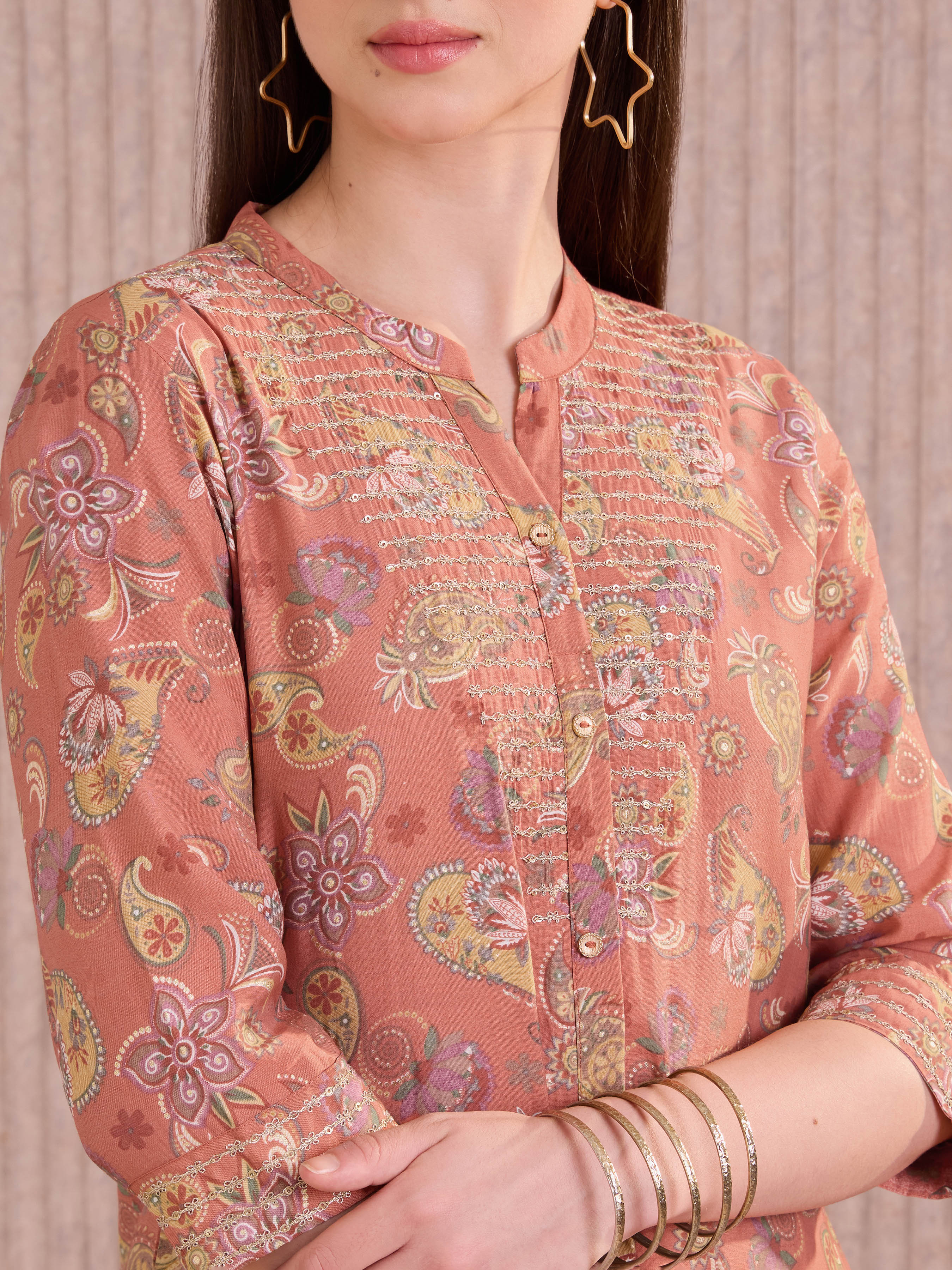 Orange Modal Chanderi Foil Printed Kurti With Seqiuins Embroidery