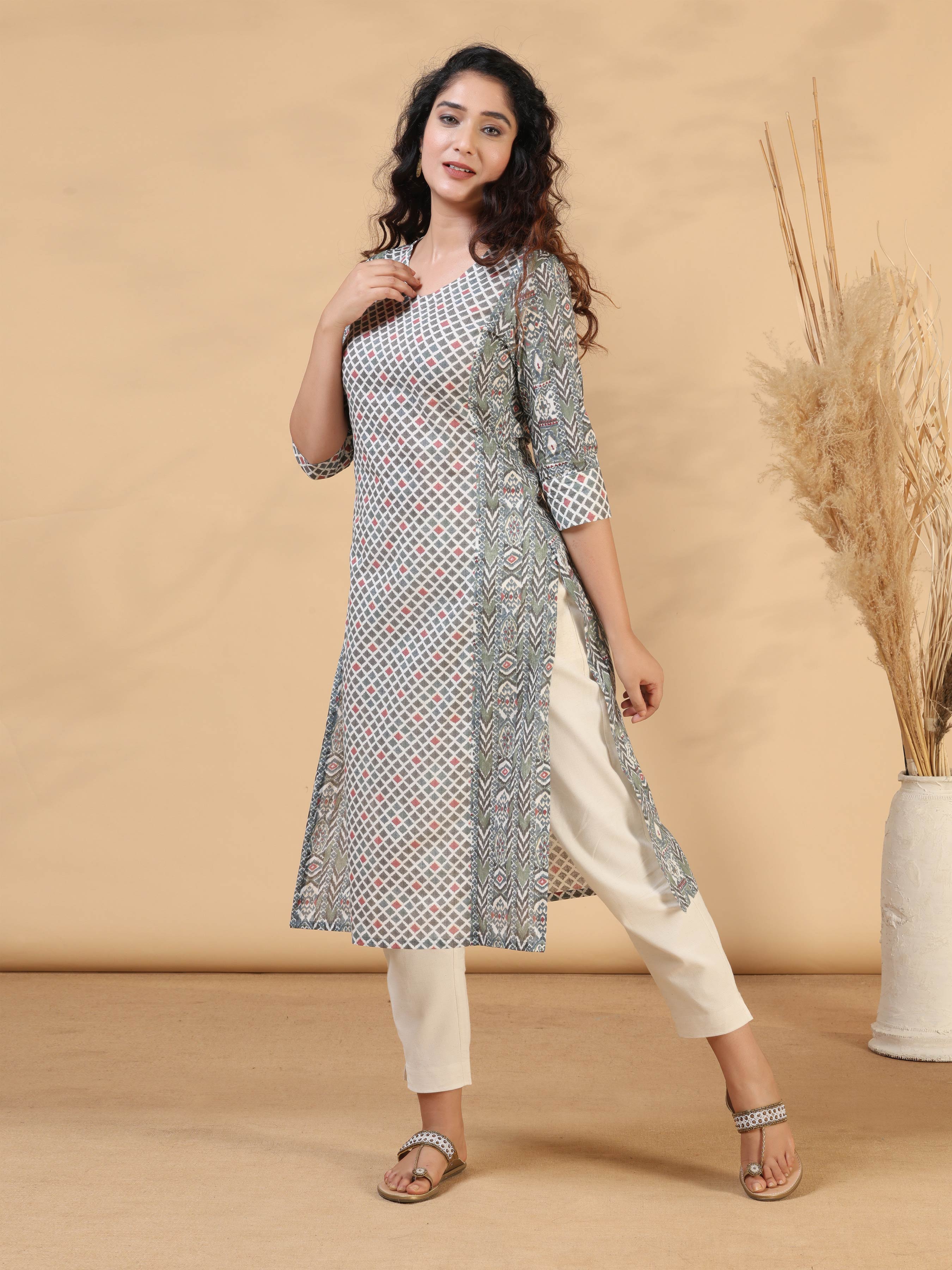 Grey Mul Cotton Printed Kurti With Panel Cut