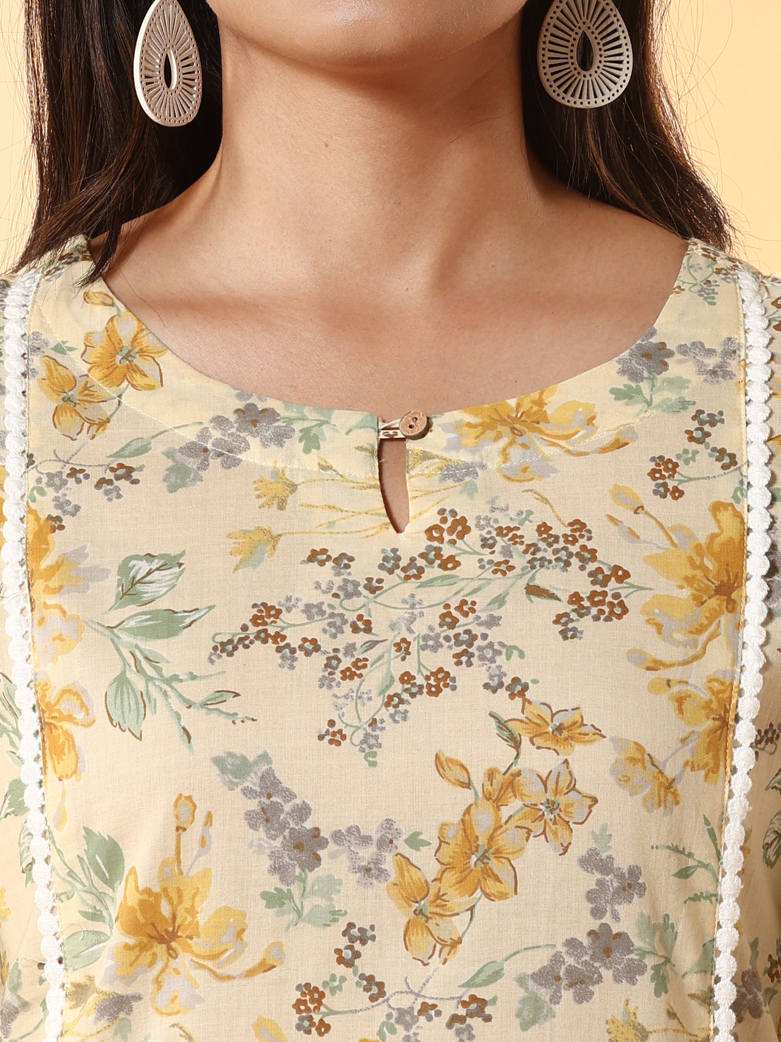 Yellow Pure Cotton Printed Kurti With Lace Detailing