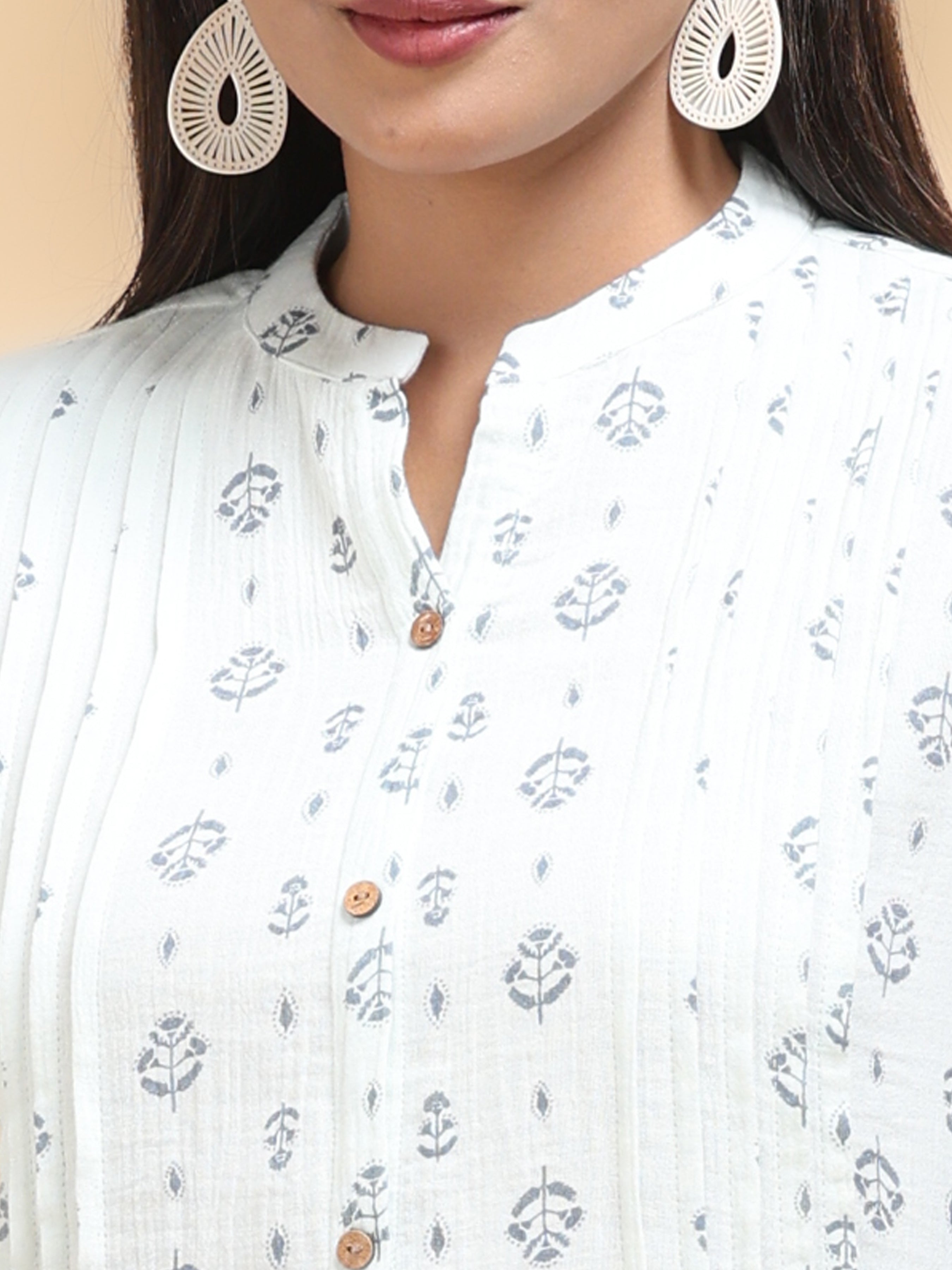 Off White Cotton Printed Kurti With Lace Detailing