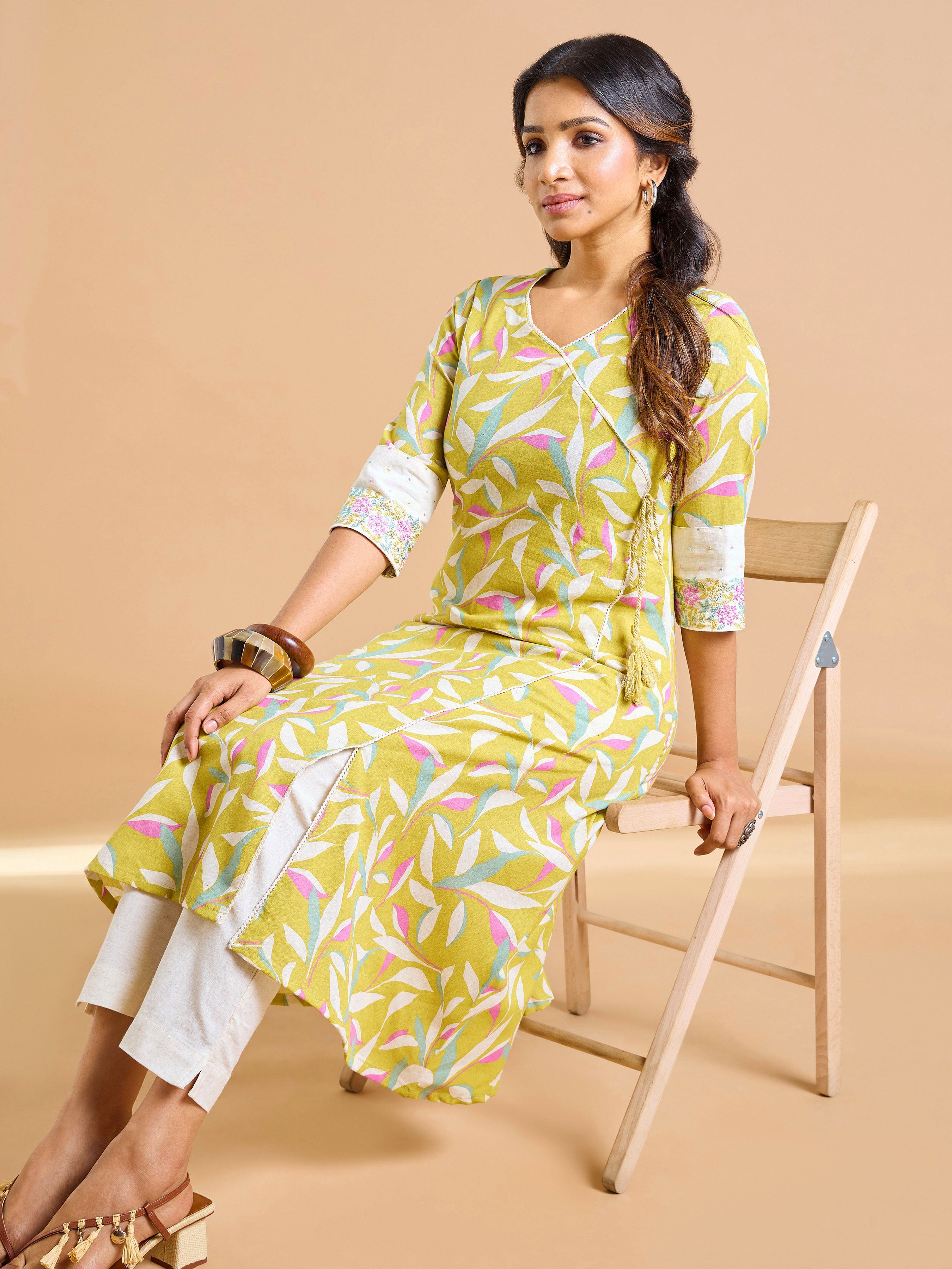 Mustard Green Cotton Flax Printed Kurti With Embroidery