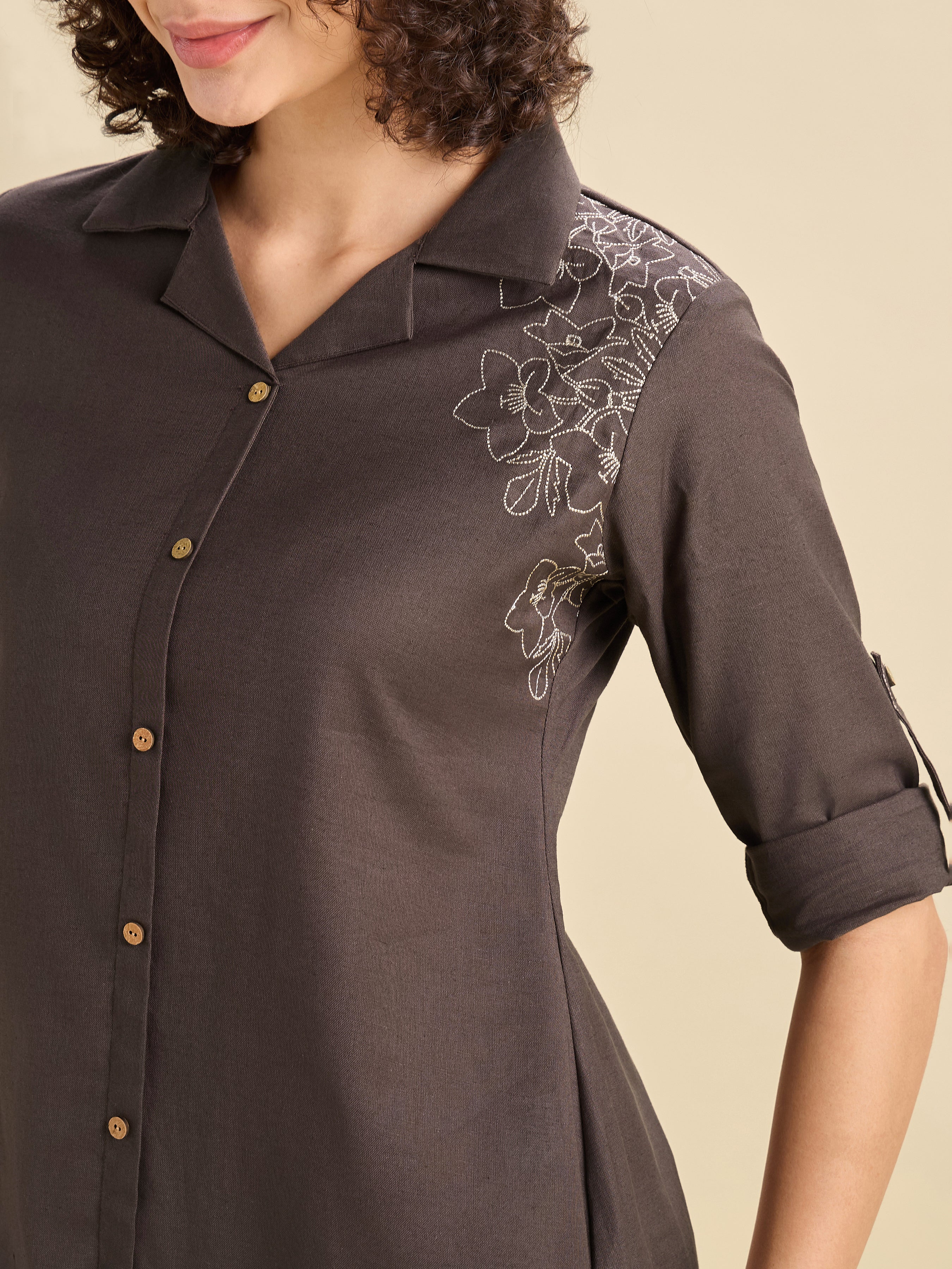 Coffee Brown Cotton Flax Slited Kurti With Embroidery