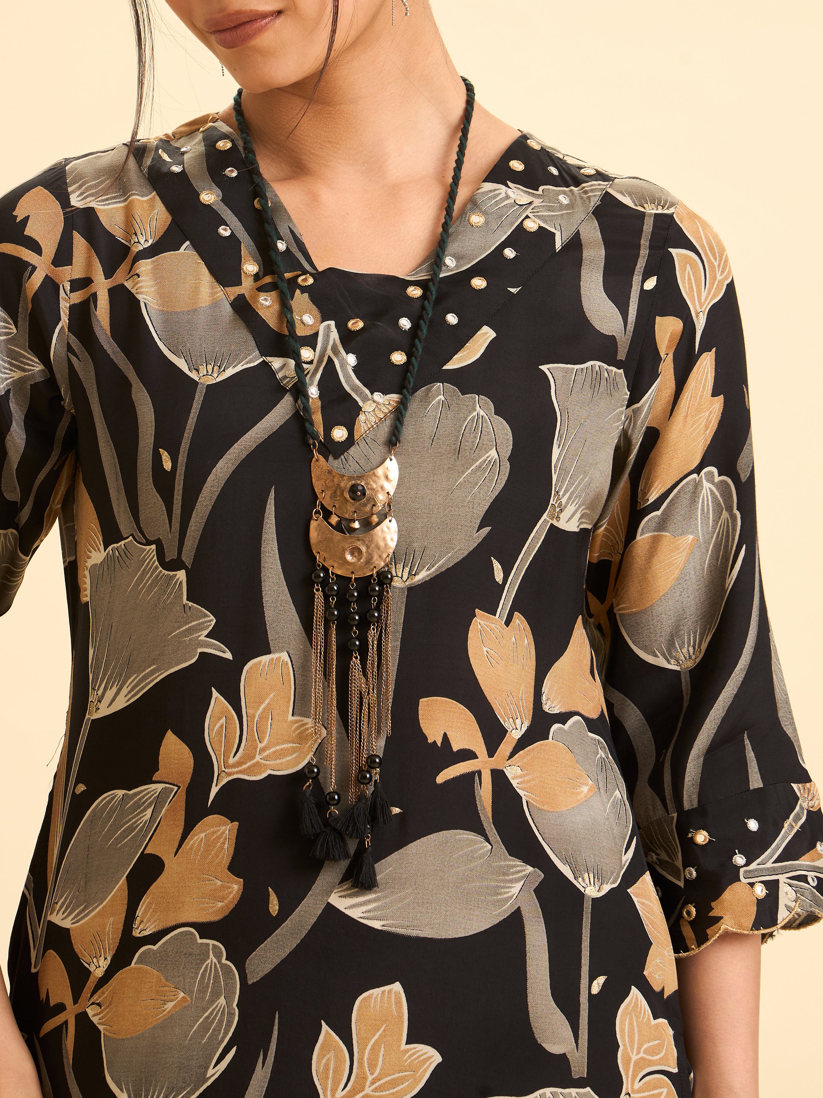 Black Modal Satin Slitted Kurti With Multi Colour Print And Mirror Work