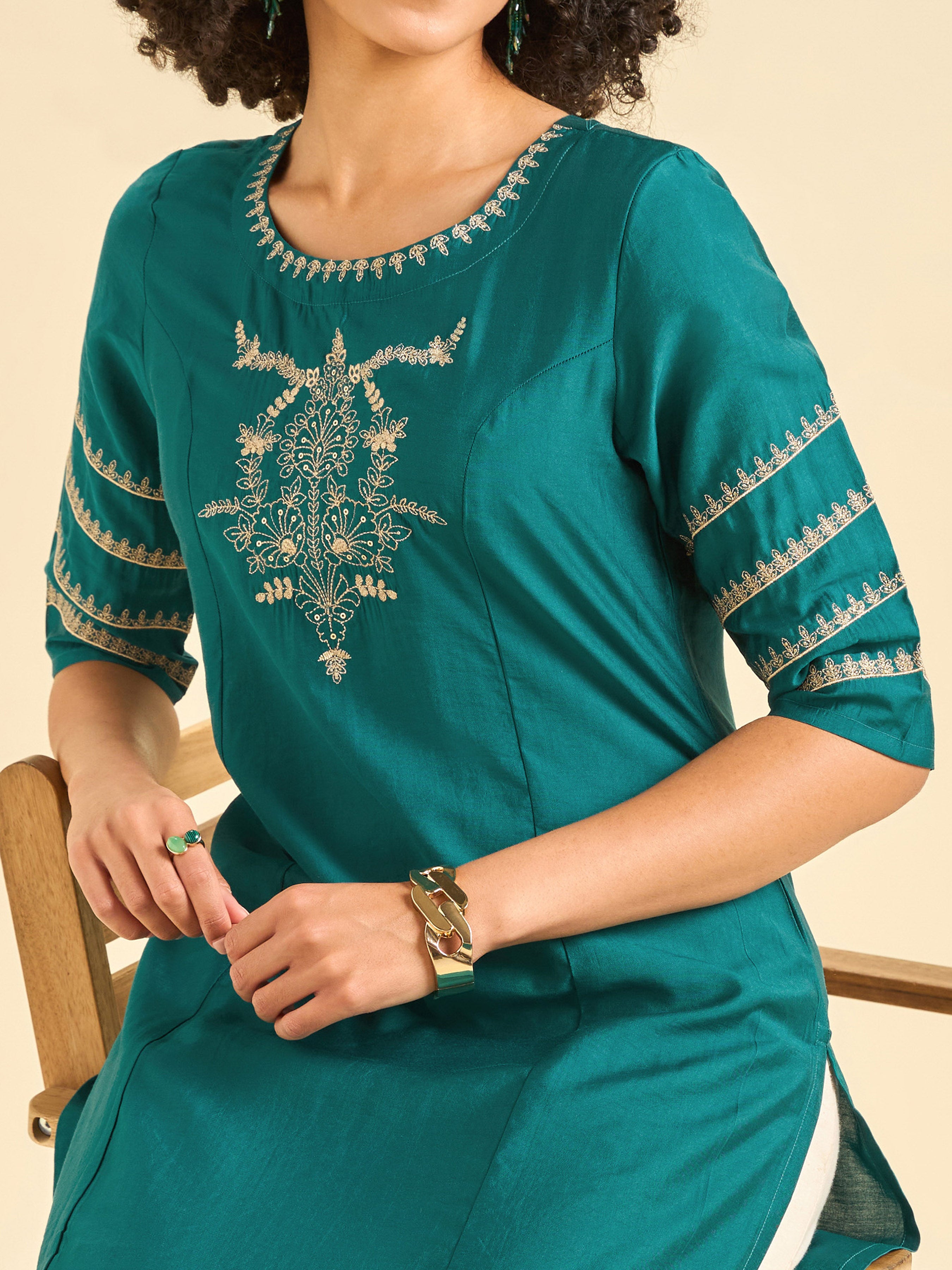 Teal Viscose Blend Plain Slited Kurti With Embroidery