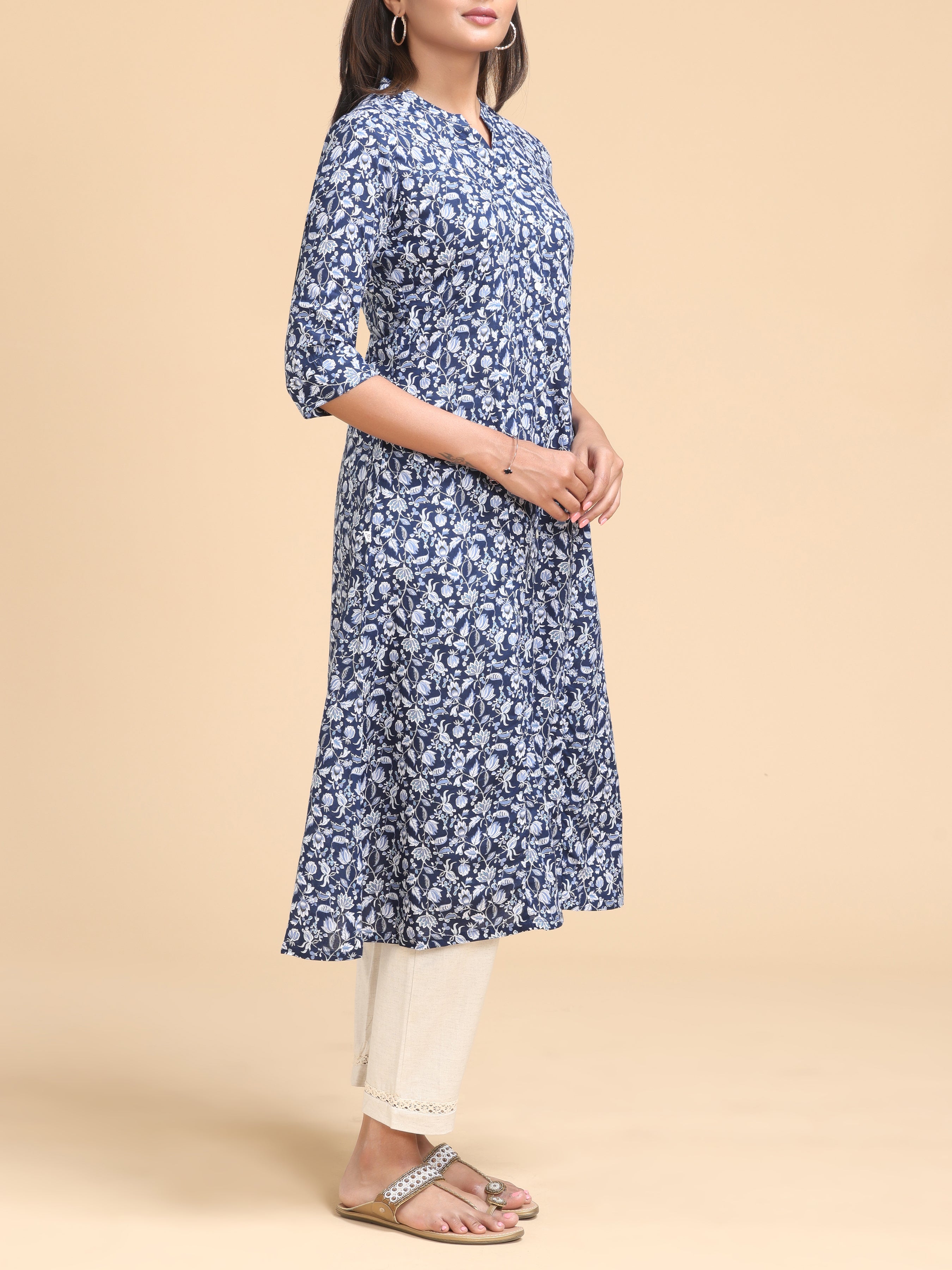 Blue Viscose Kurti With Floral Print
