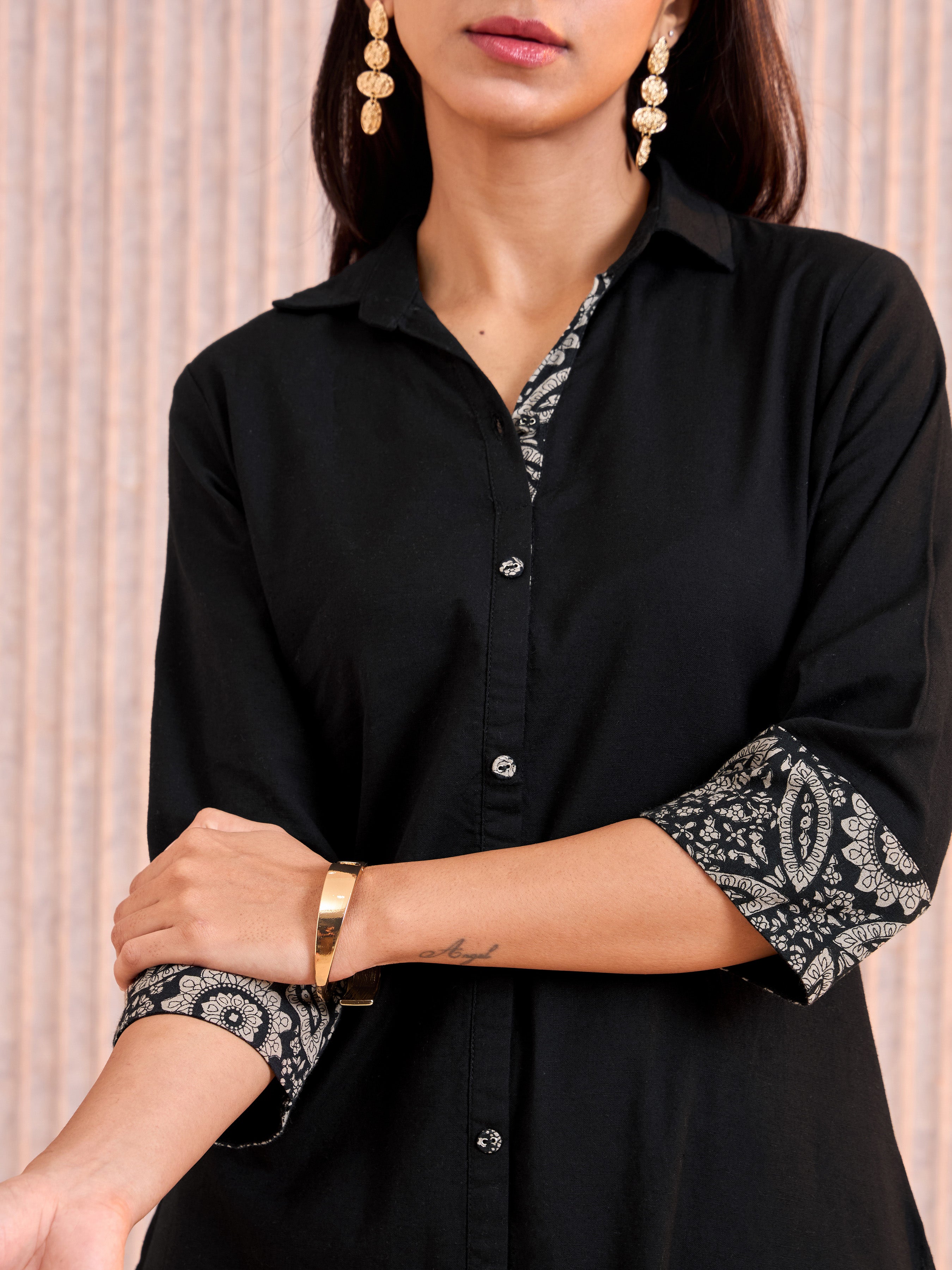Black Cotton Flax Printed Kurti With Embroidery
