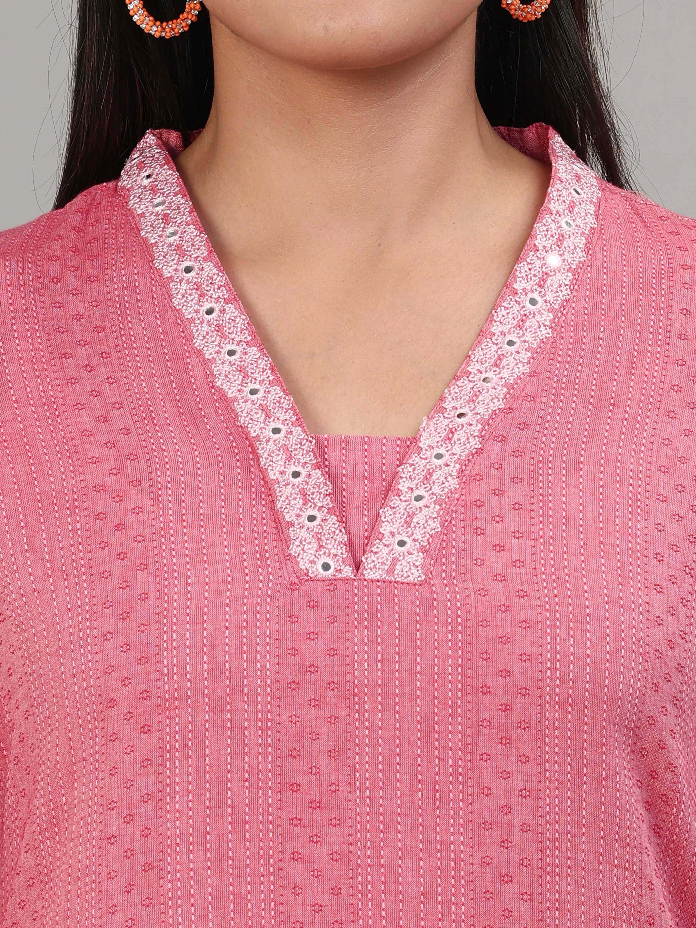 Onion Pink Cotton Dobby Kurti With Cording Embroidery