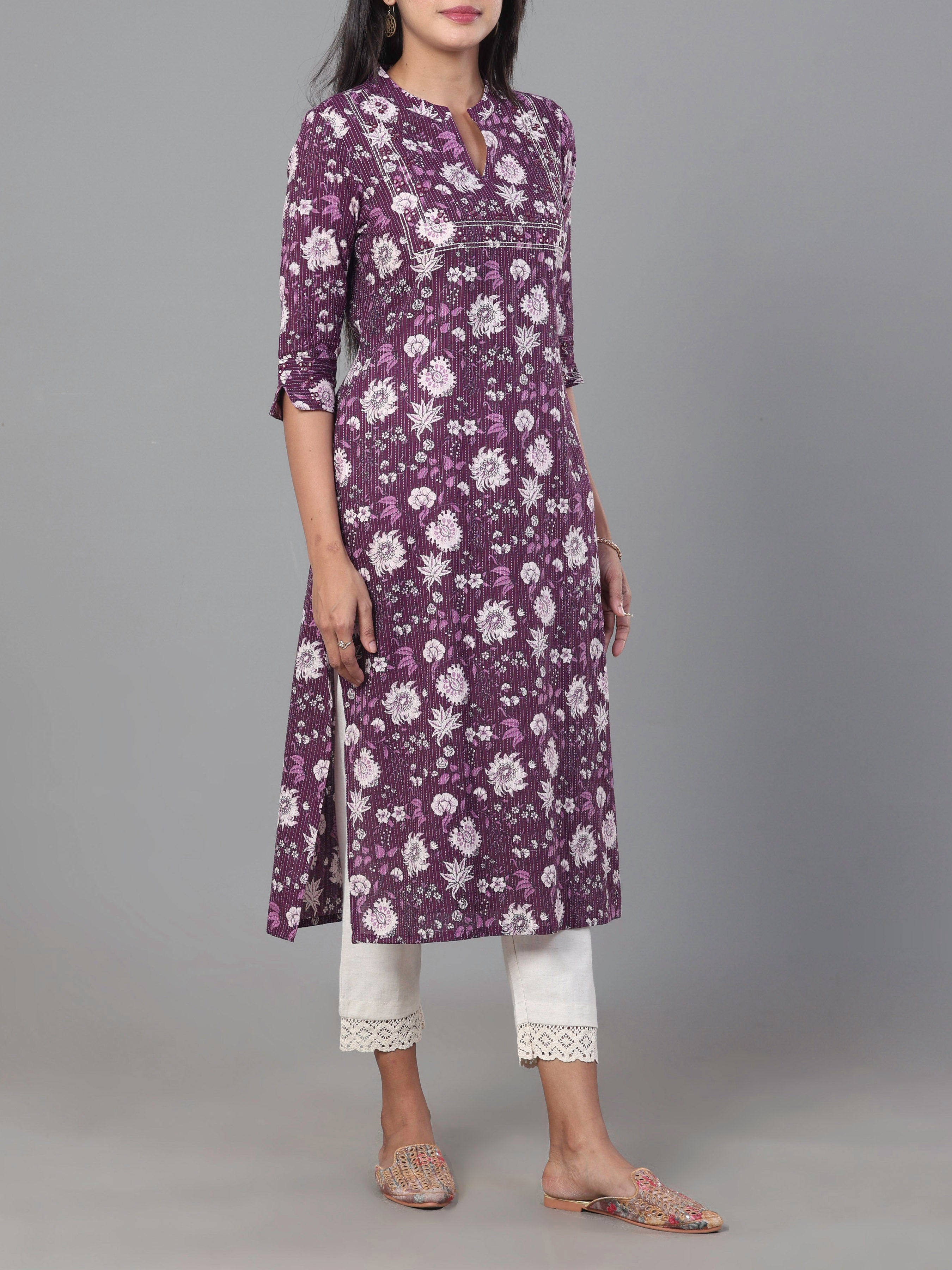 Purple Pure Cotton Printed Kurti With Embroidery