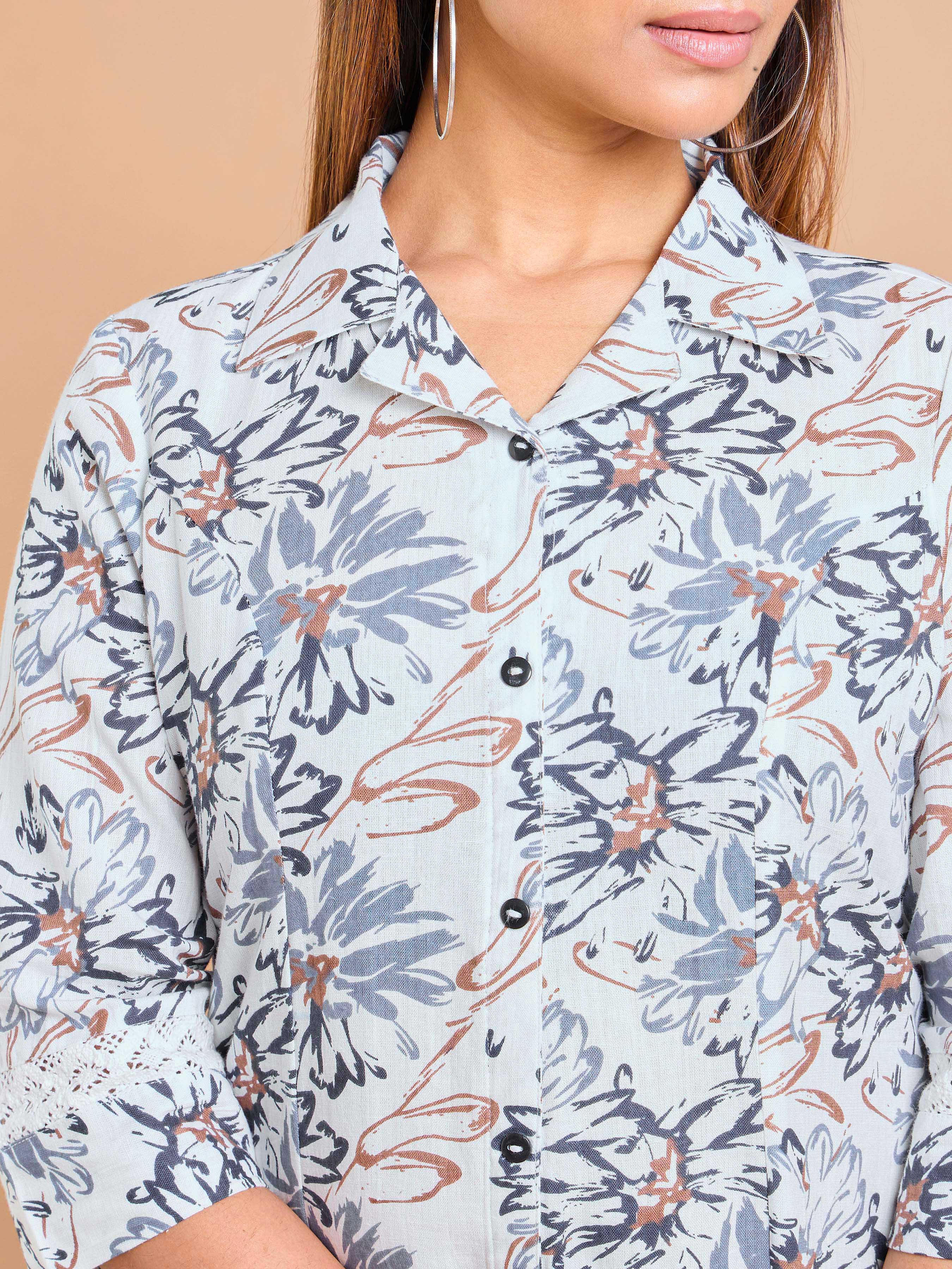 Black And White Cotton Flax Printed Kurti