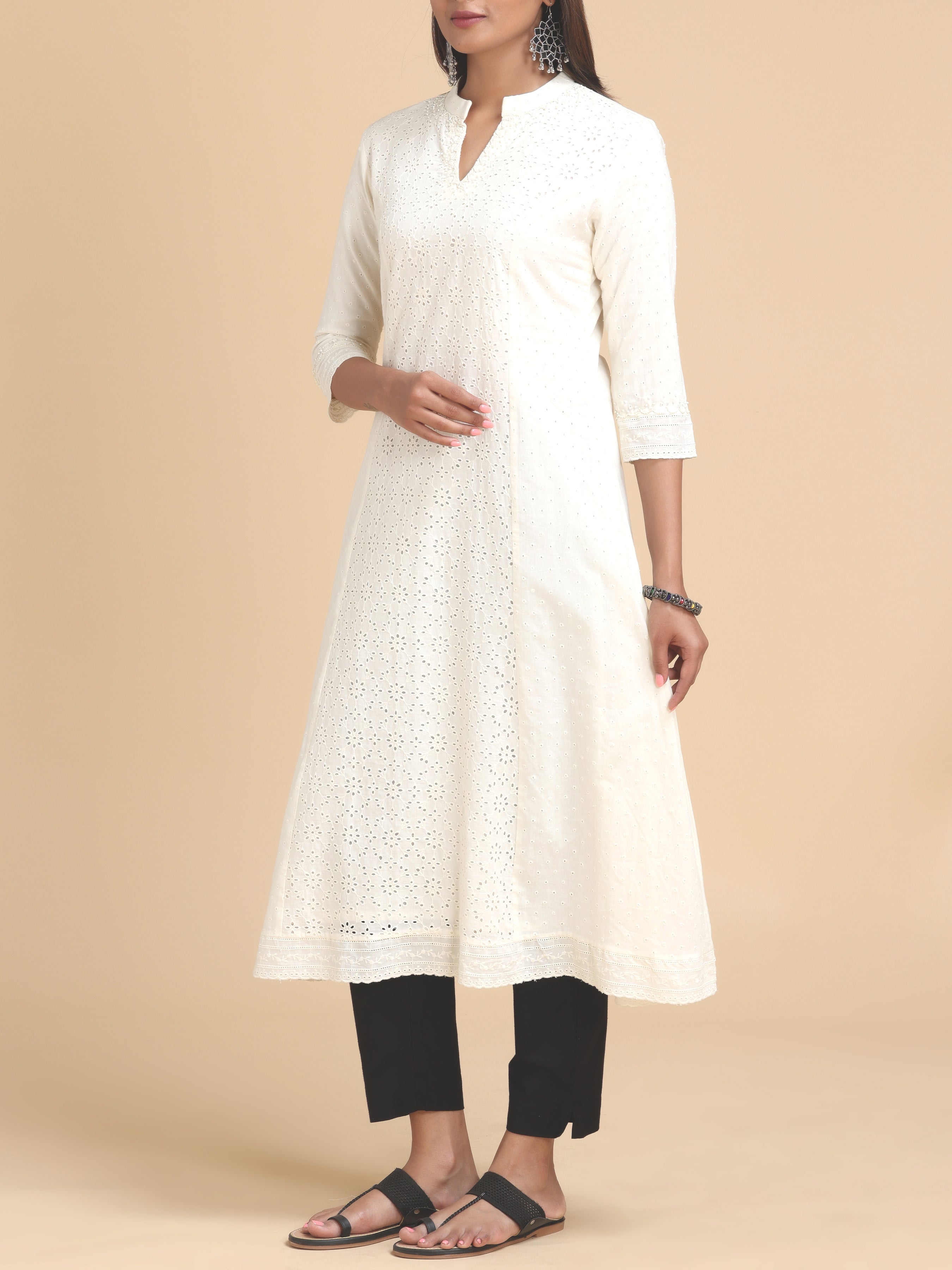Ivory Schiffli Kurti With Handwork