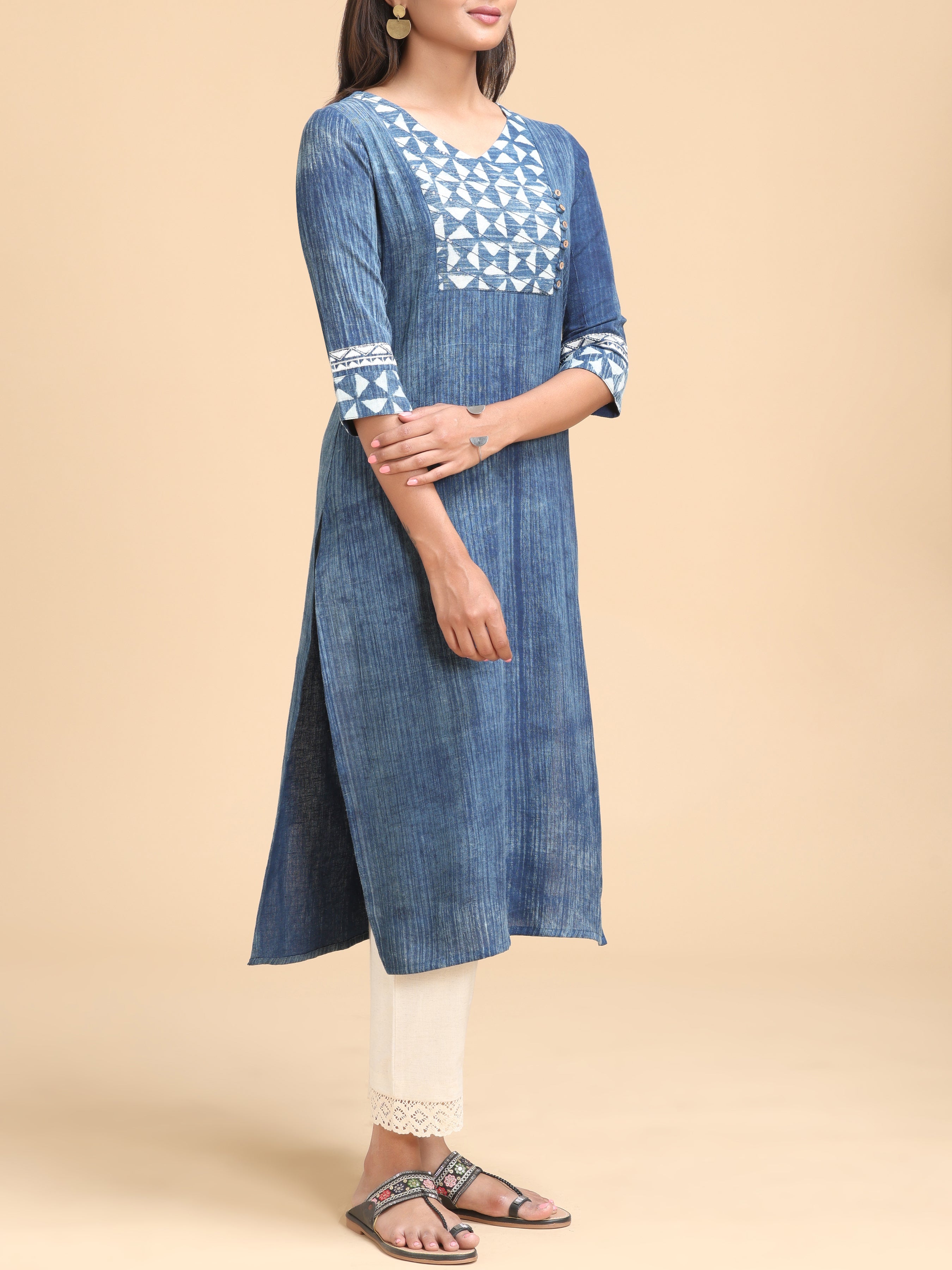 Blue Cotton Flax Kurti With Sequins Work