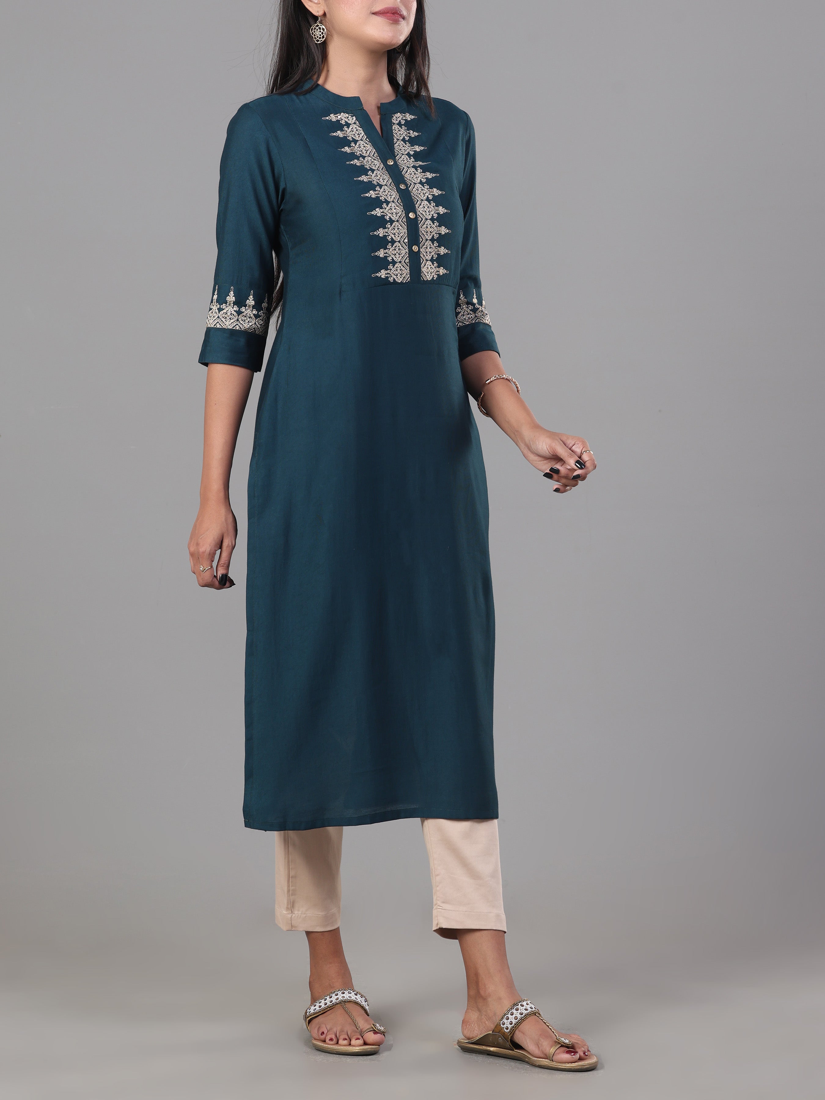 Teal Blue Denting Viscose Kurti With Embroidery And Sequins Work