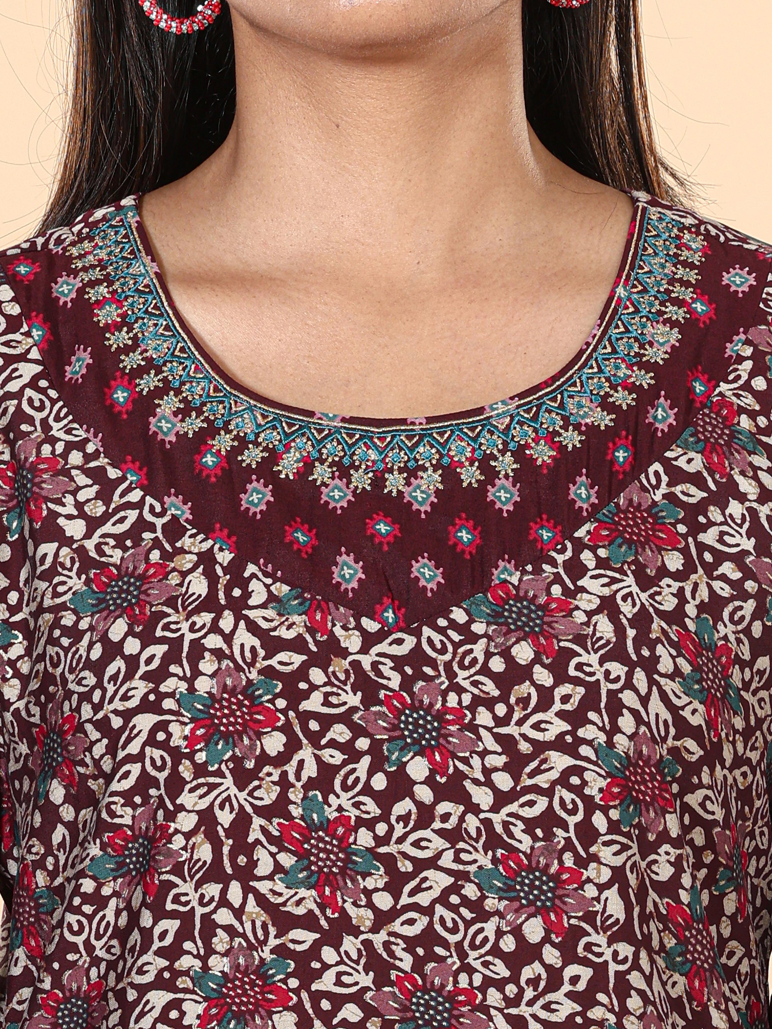 Maroon Modal Chanderi Printed Kurti With Embroidery
