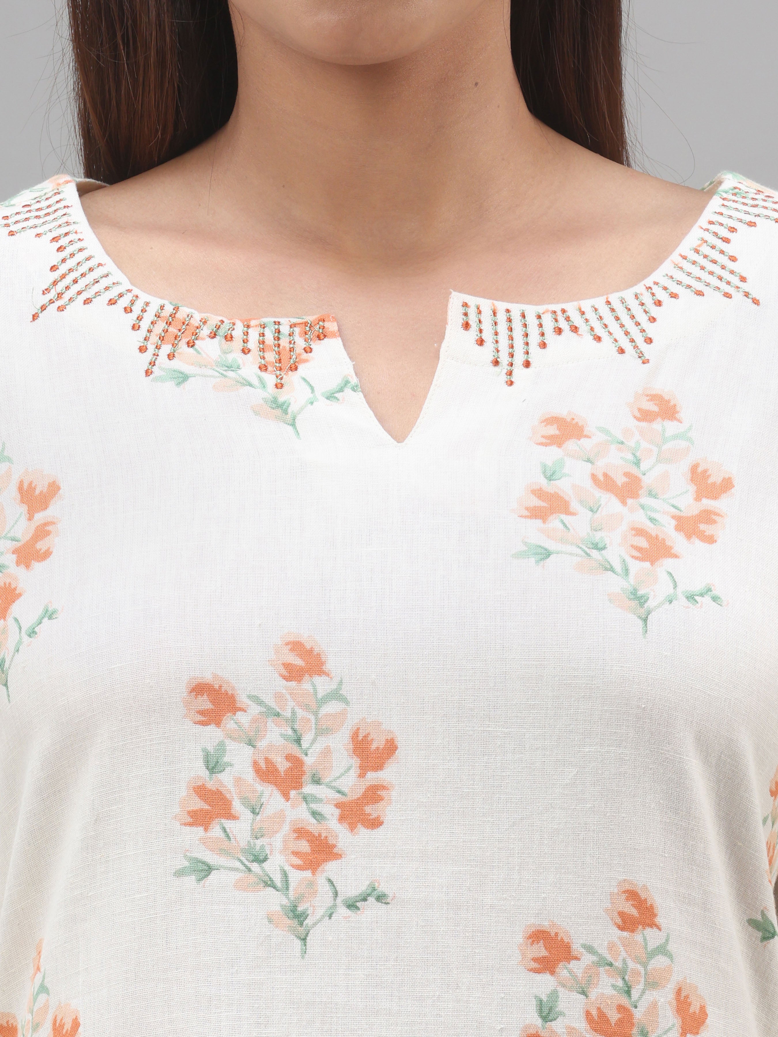 Ivory Colour Cotton Flax Printed Kurti With Embroidery