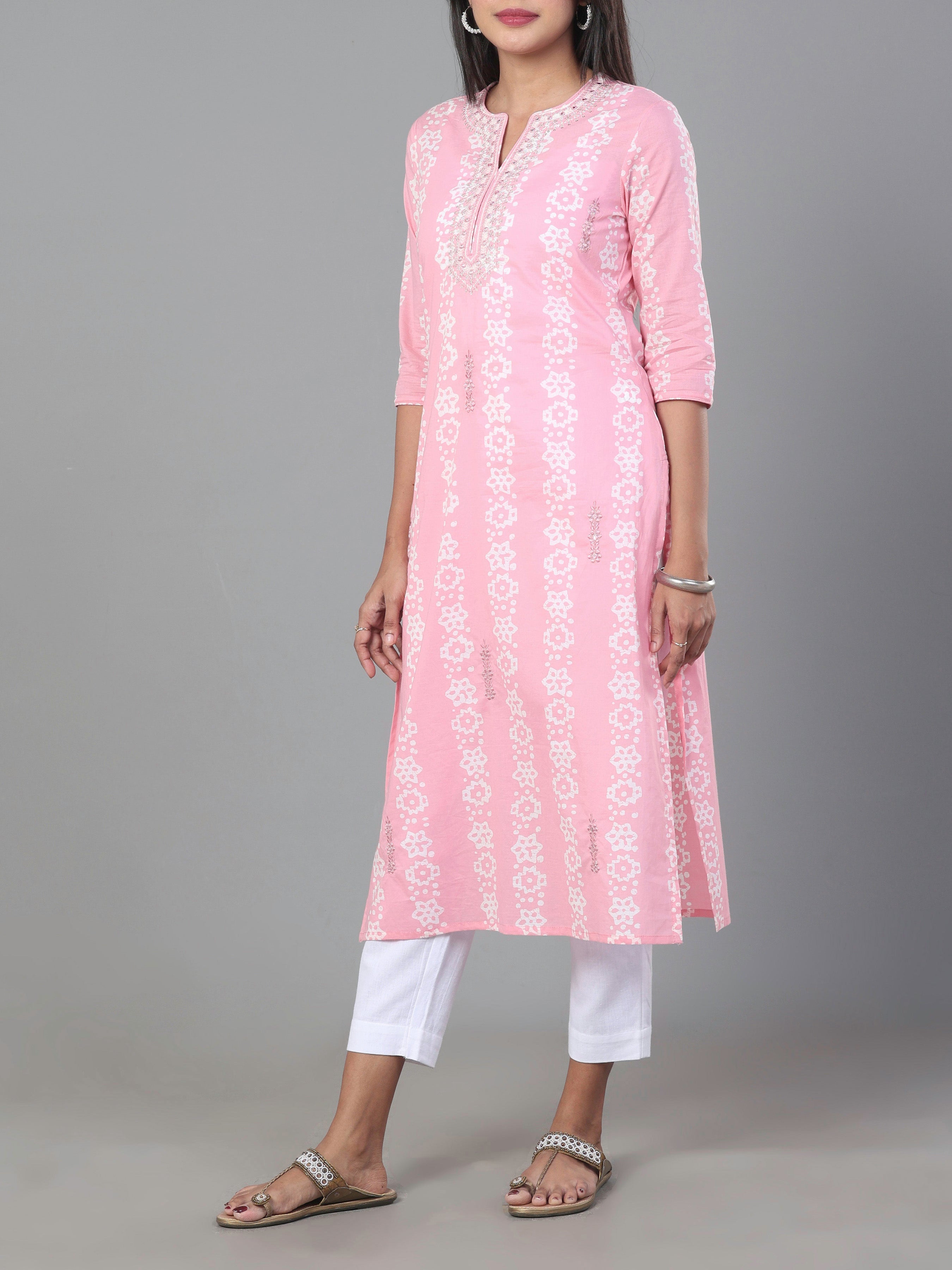 Pink Pure Cotton Printed Kurti With Embroidery