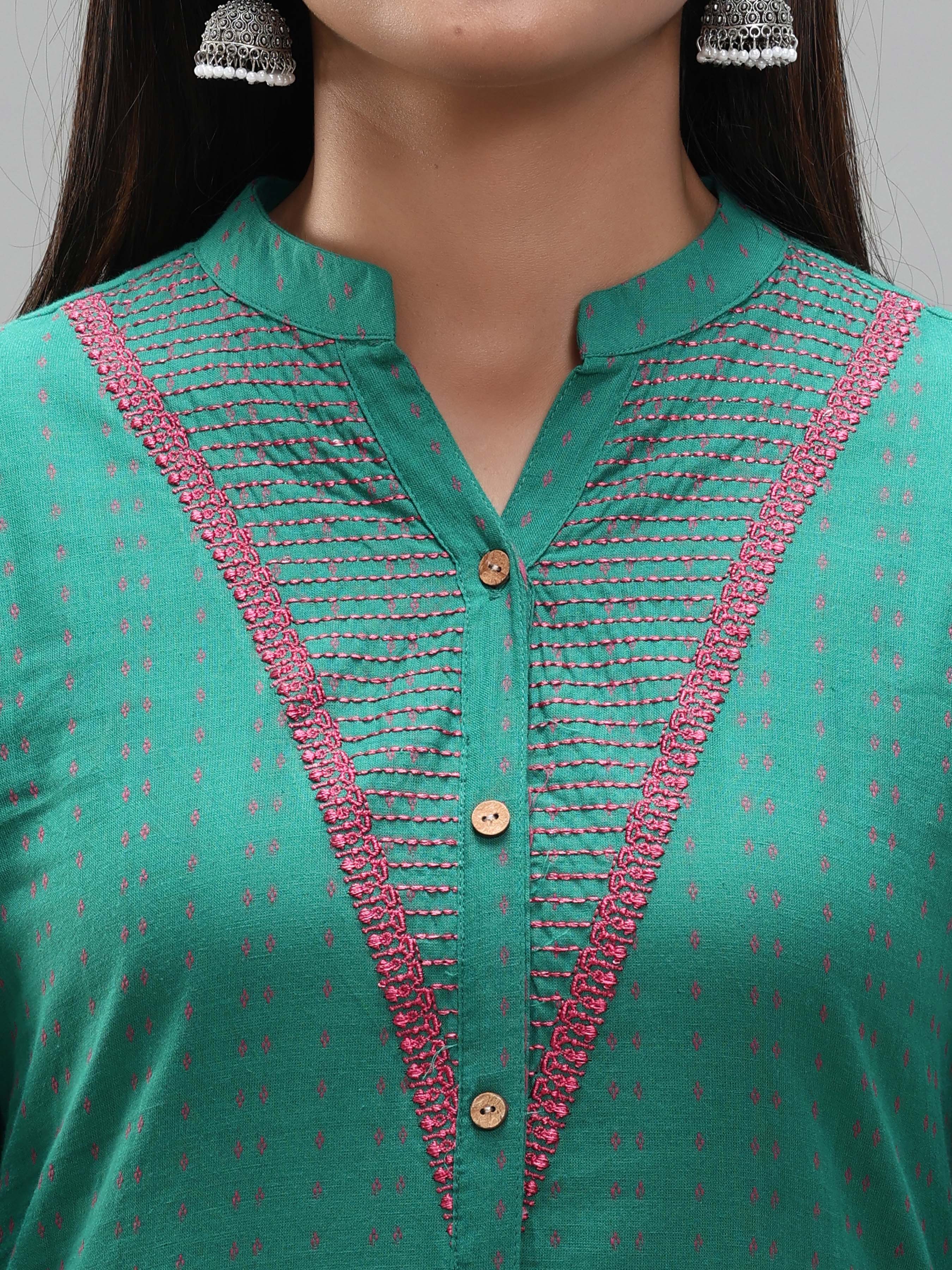 Rama Green Cotton Dobby Kurti With Embroidery