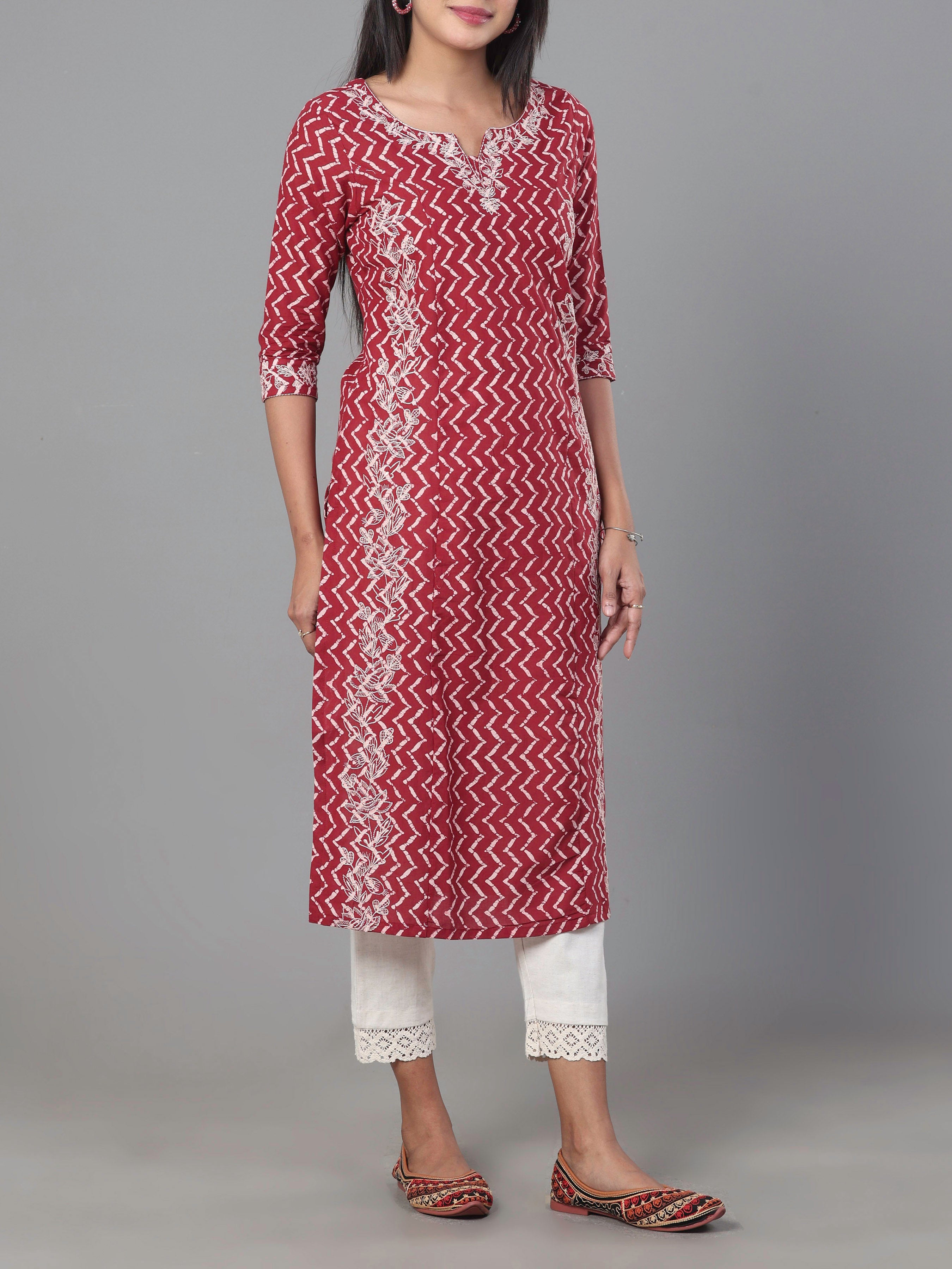 Meroon Pure Cotton Printed Kurti With Embroidery