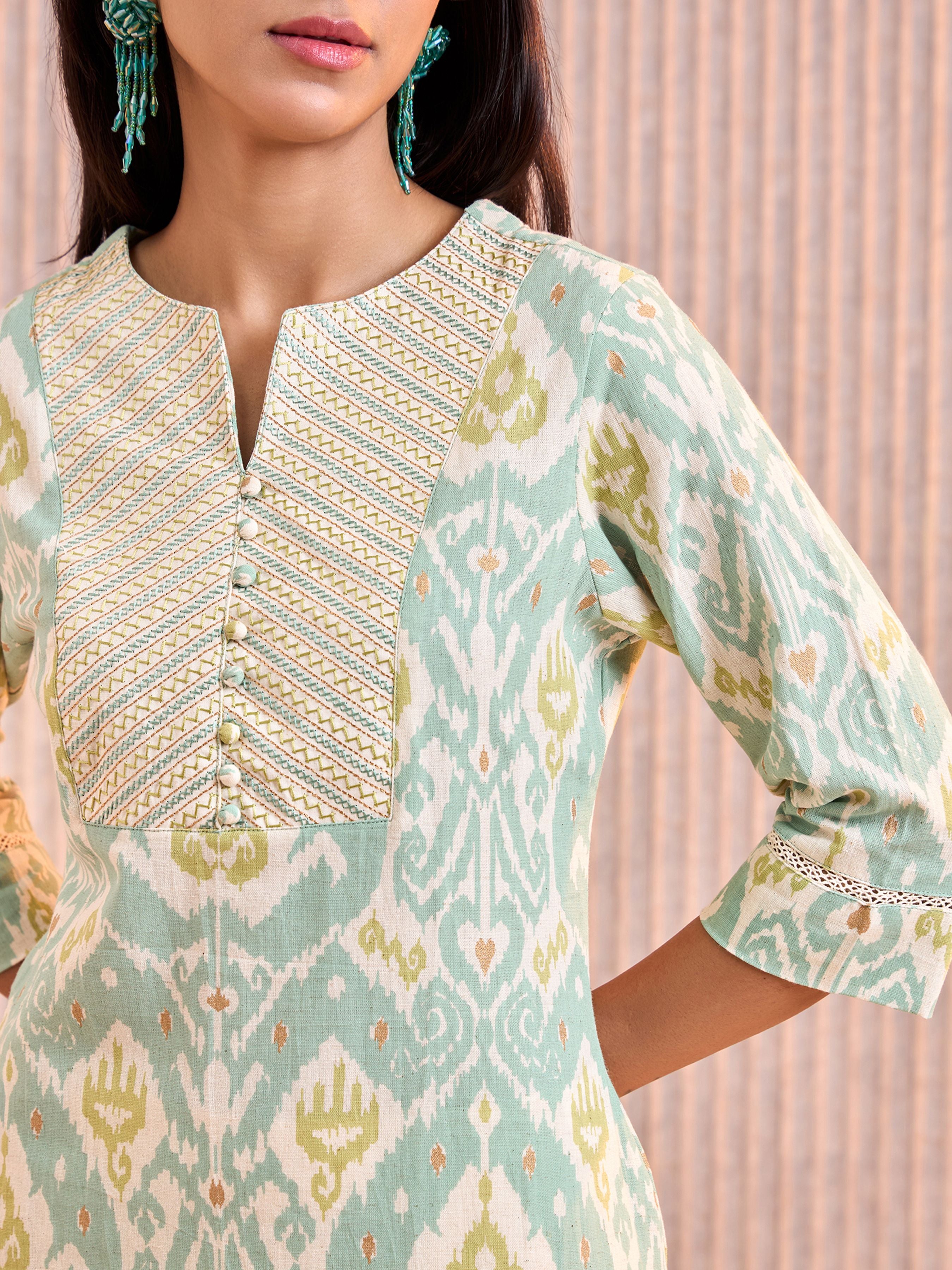 Aqua Green Cotton Flax Printed Kurti With Lace & Embroidery
