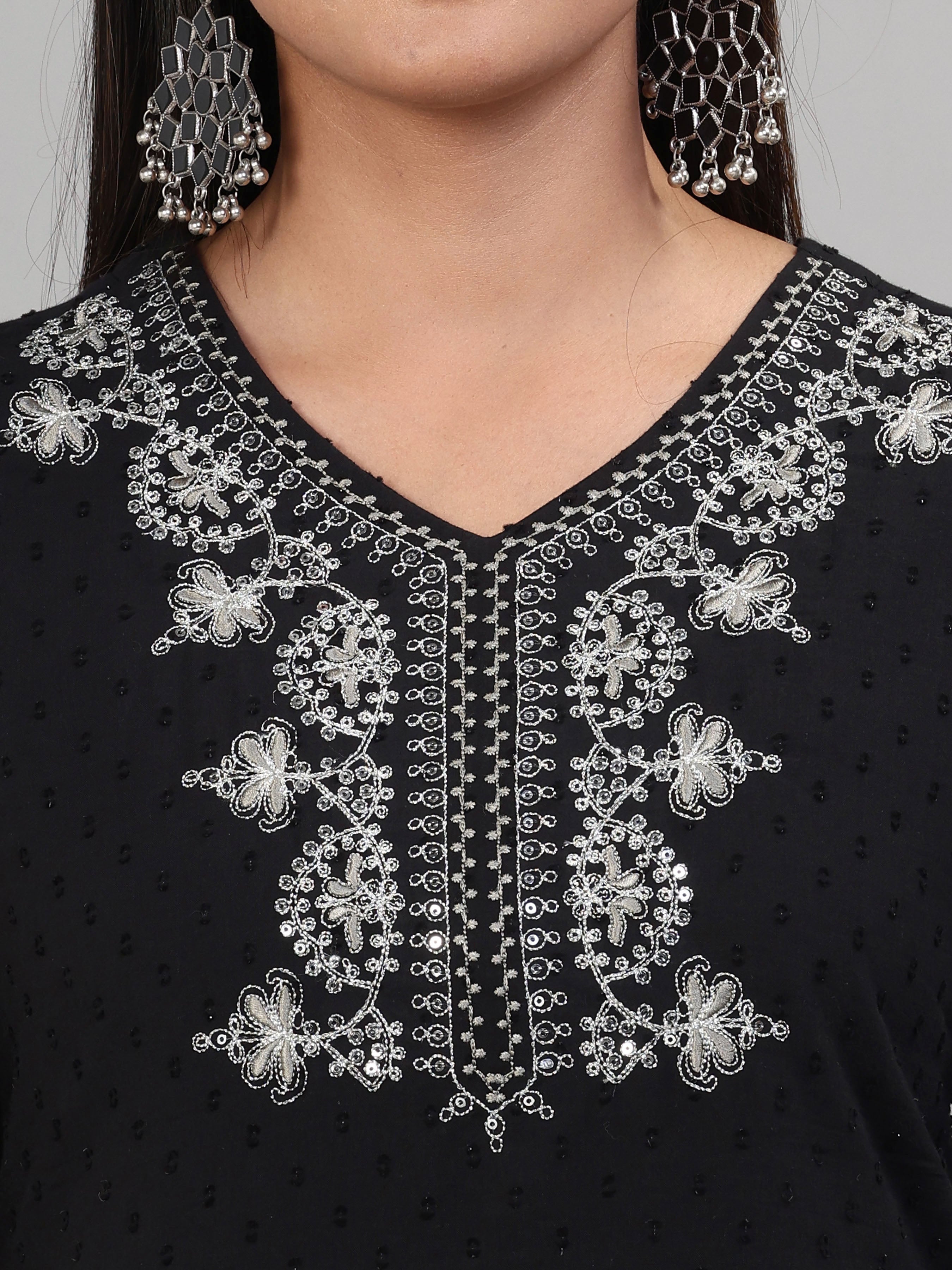 Black Cotton Dobby Kurti With Embroidery