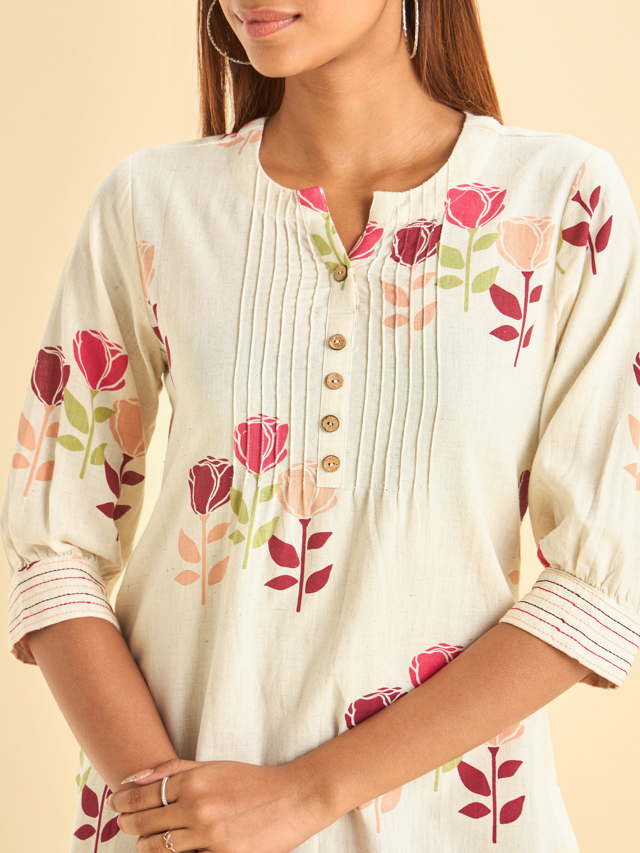 Multicolour Cotton Flax Printed Slited Kurti With Embroidery On Sleeves And Pintucks