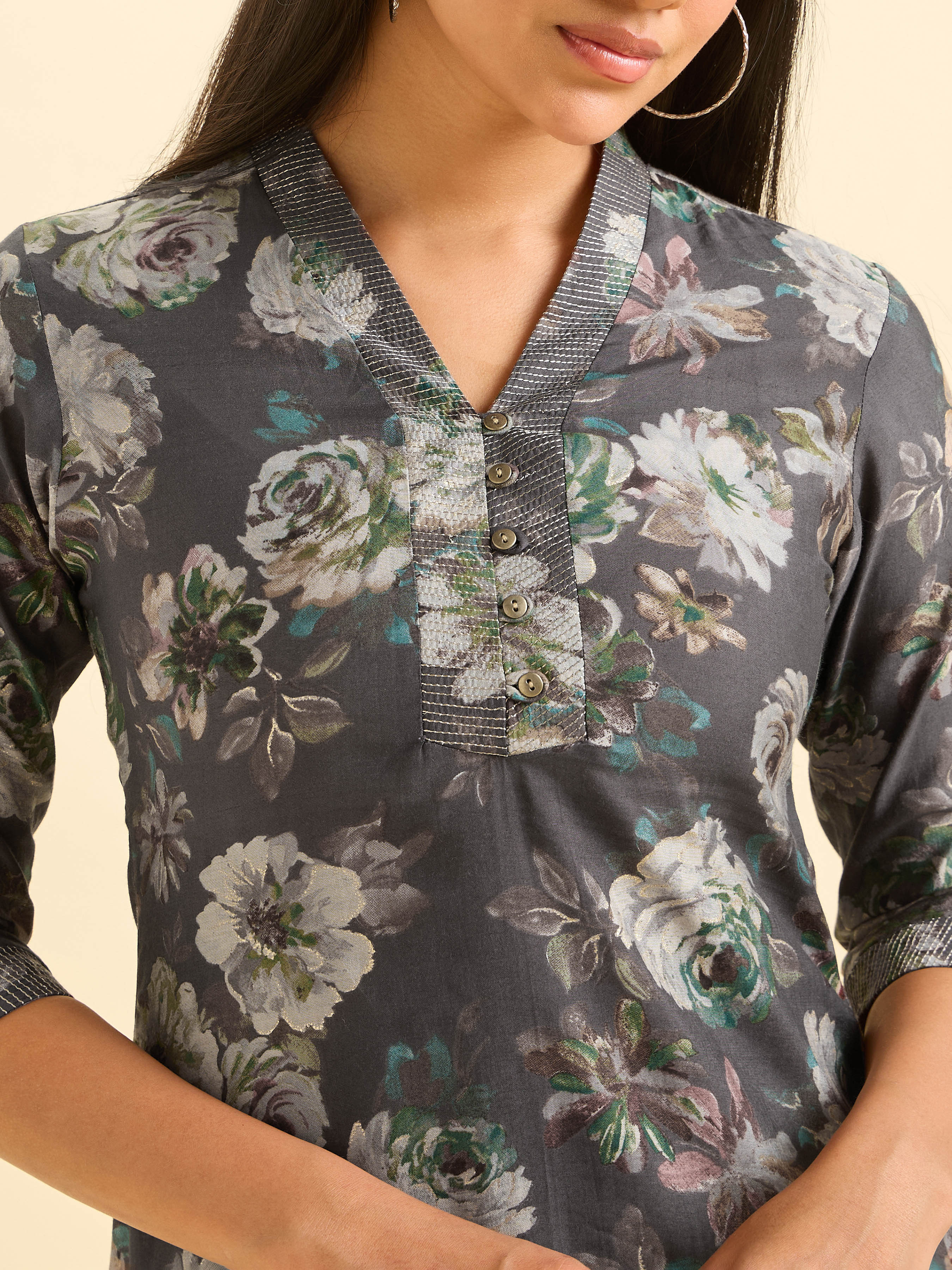 Dark Grey Modal Chanderi Printed Slited Kurti With Embroidery