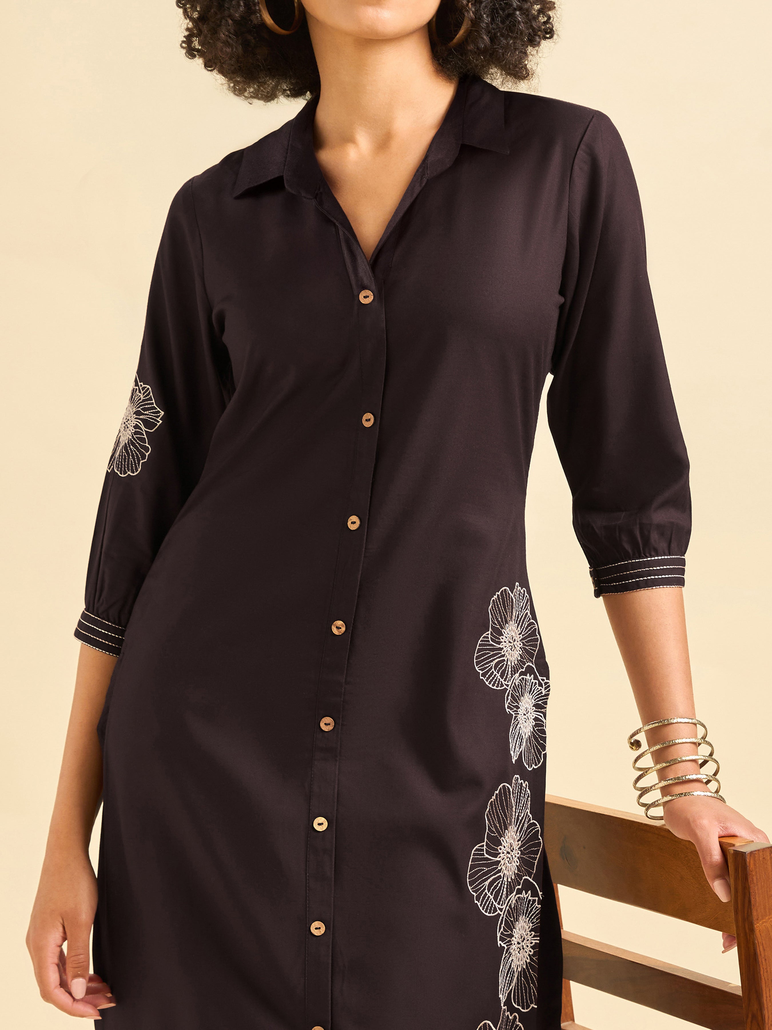 Coffee Brown Viscose Plain Slited Kurti With Embroidery