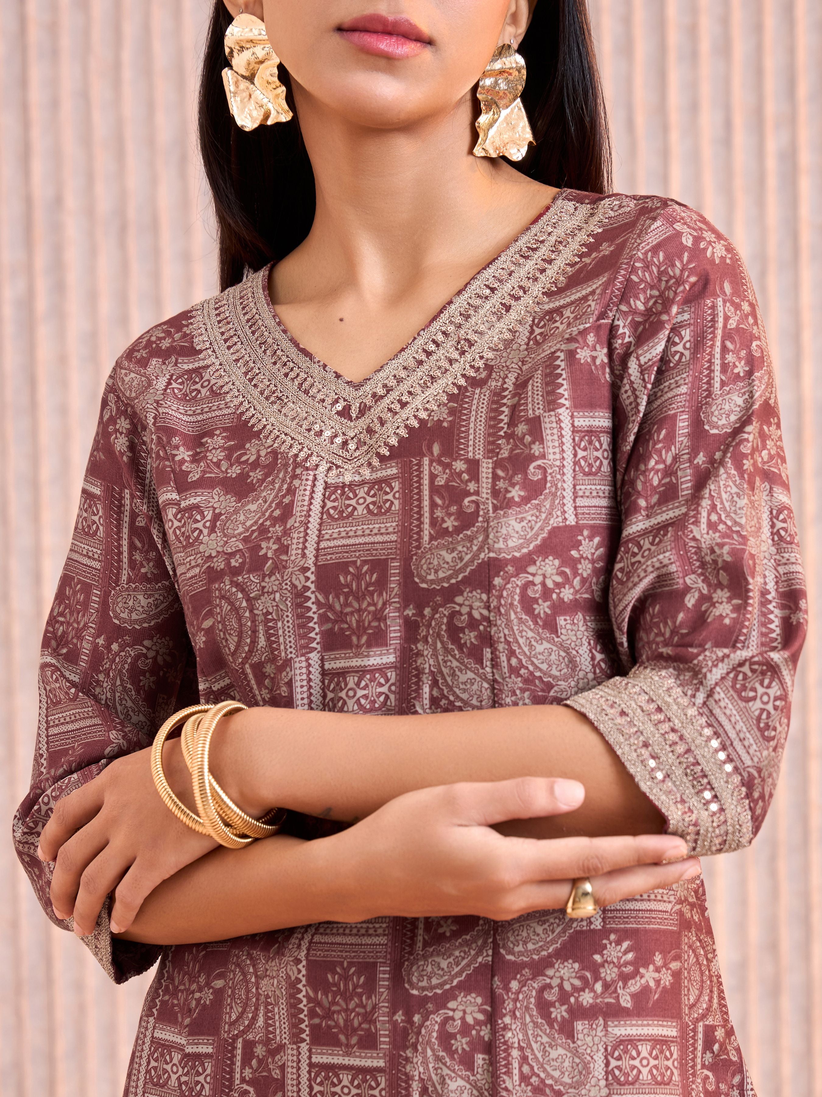 Meroon Modal Chanderi Kurti With Sequins Work