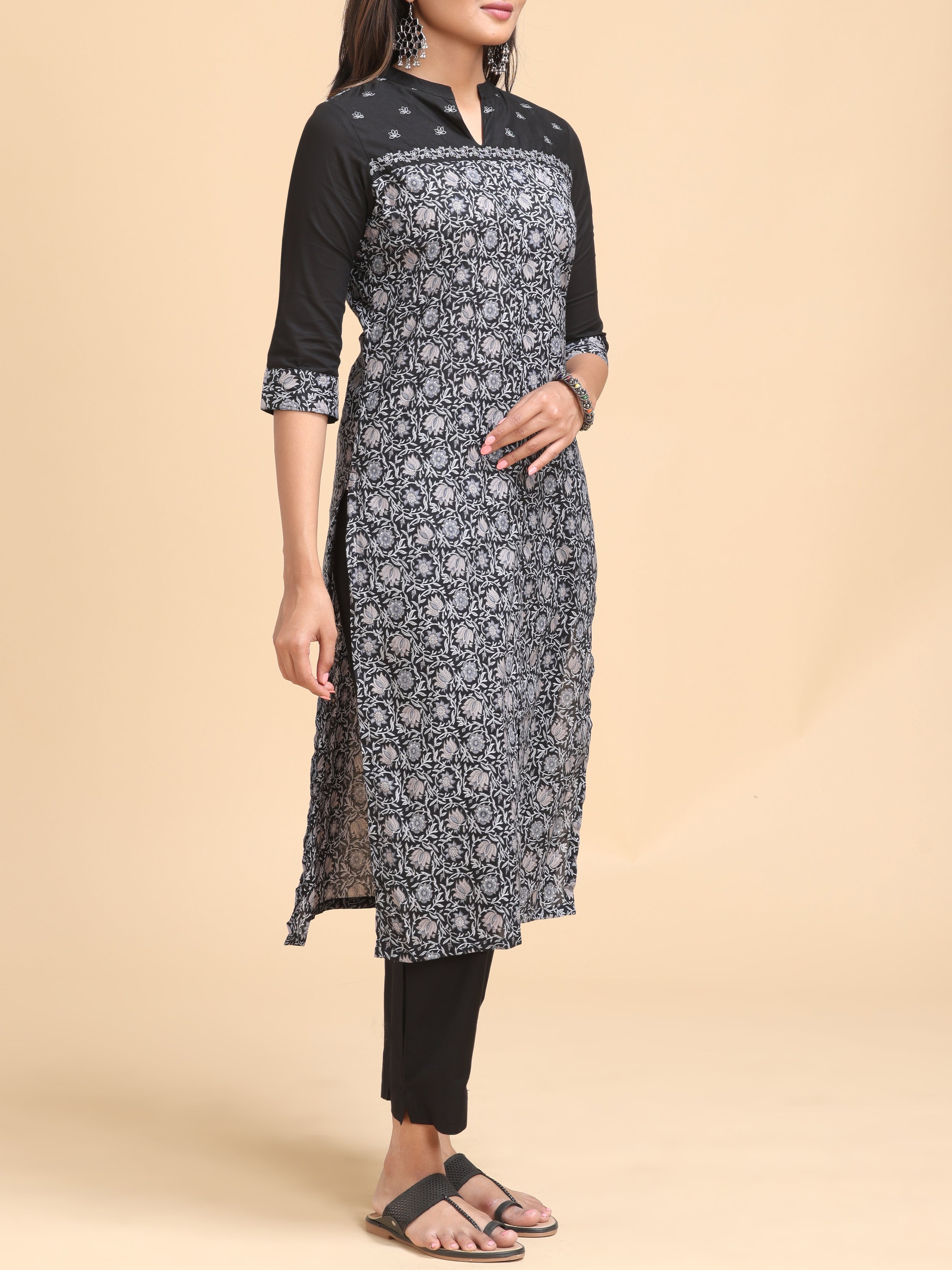 Black Pure Cotton Printed Kurti