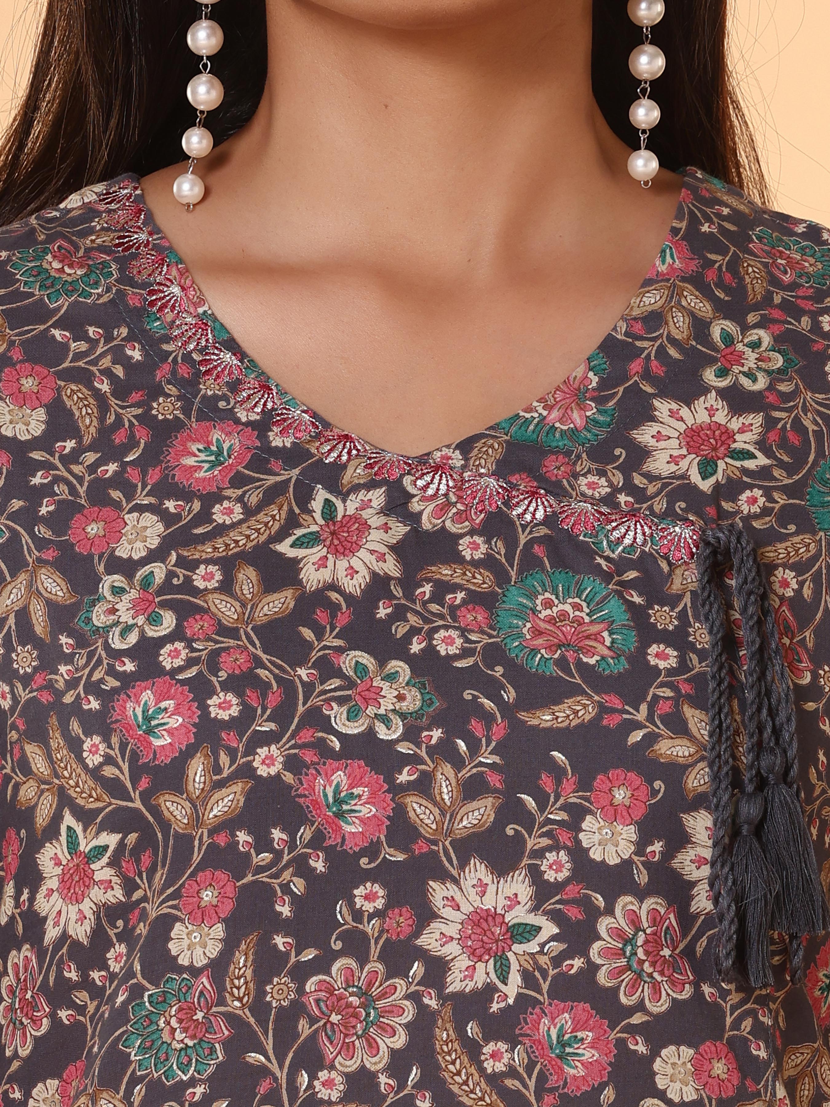 Multi Colour Pure Cotton Printed Kurti With Embroidery