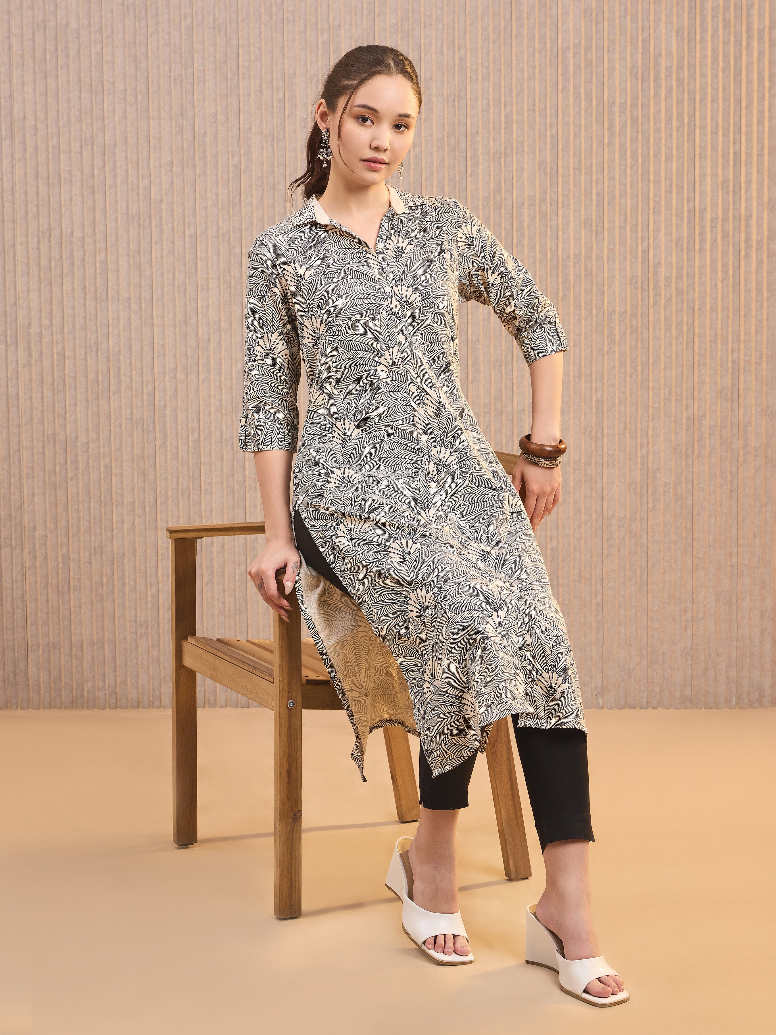 Ivory Cotton Flax Printed Kurti With Sequins Embroidery