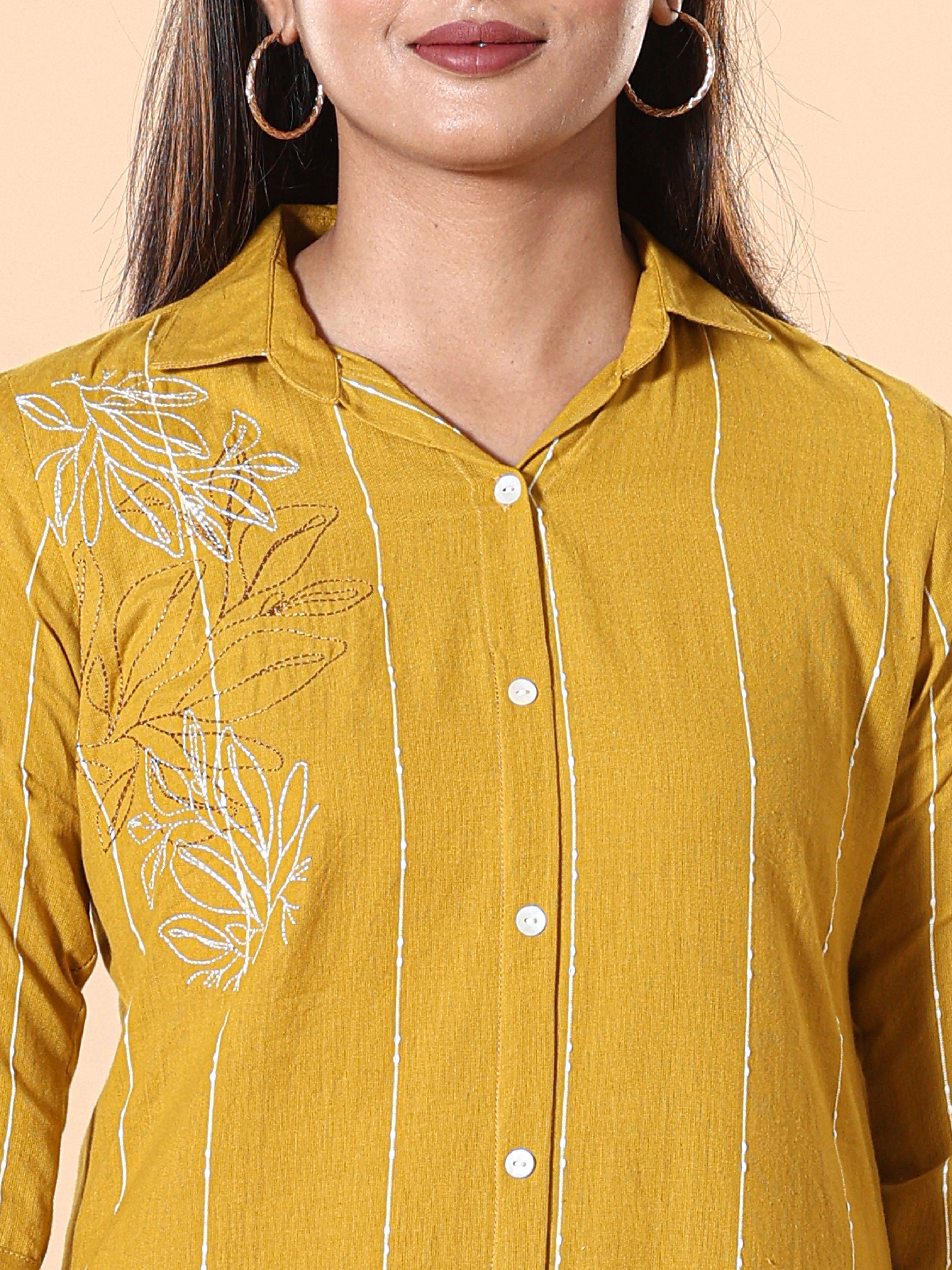Mustard Yellow Cotton Dobby Kurti With Shirt Collar