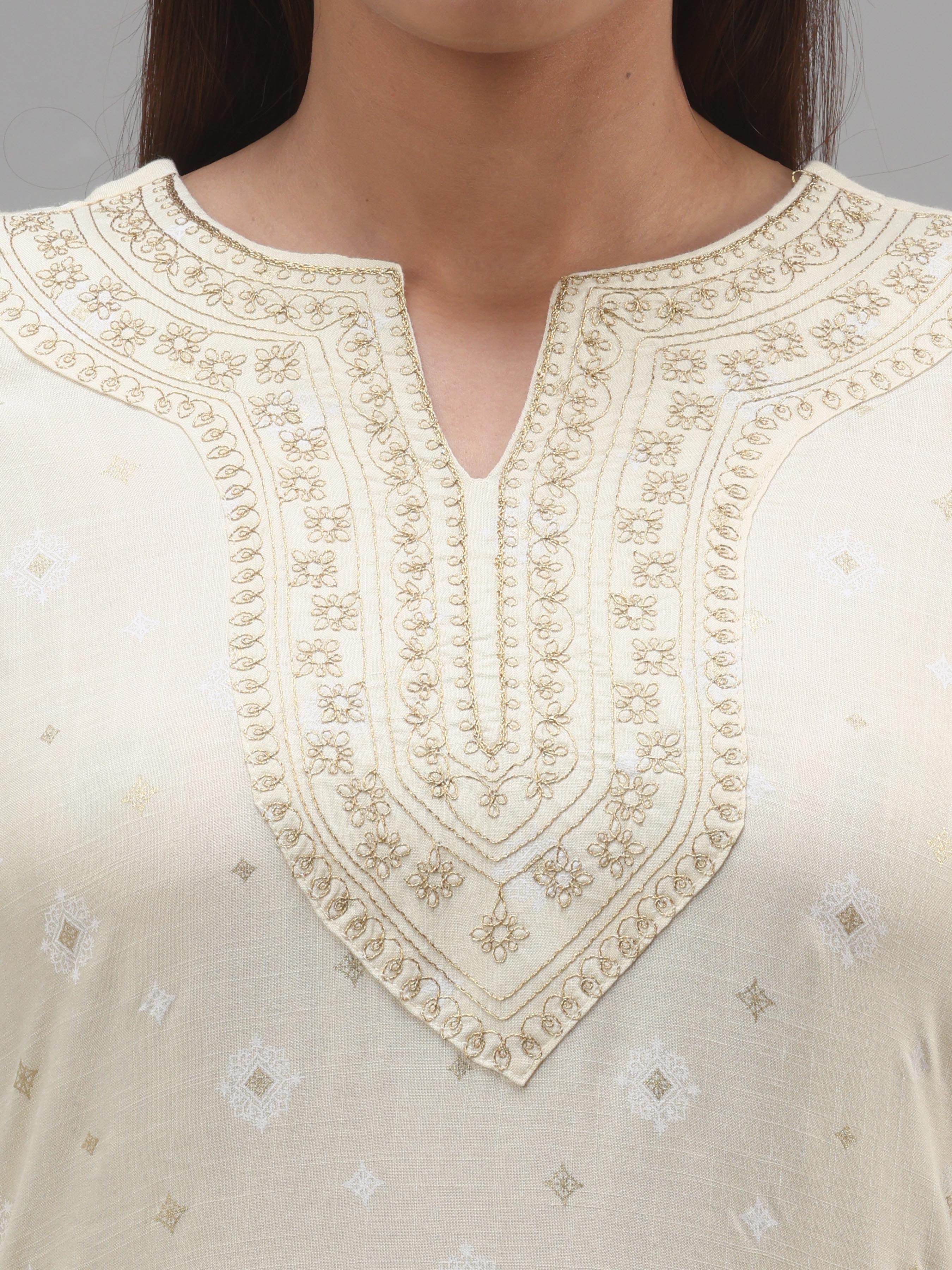 Pale Yellow Viscose Slub Kurti With Embroidery
