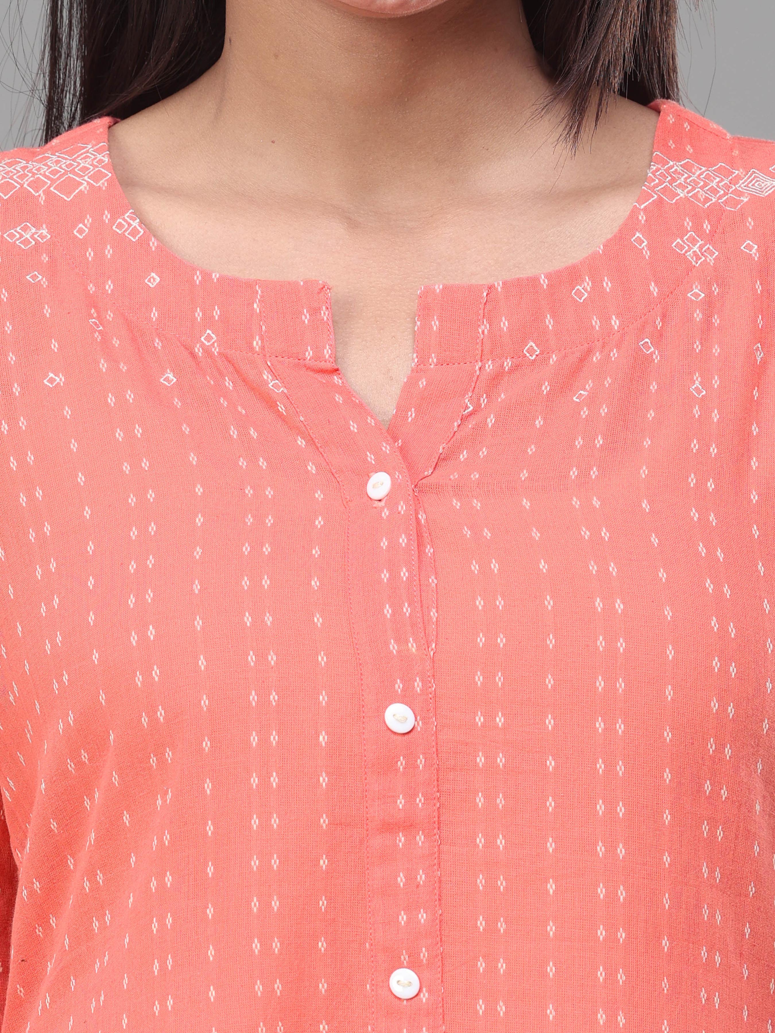 Peach Cotton Dobby Kurti With Embroidery