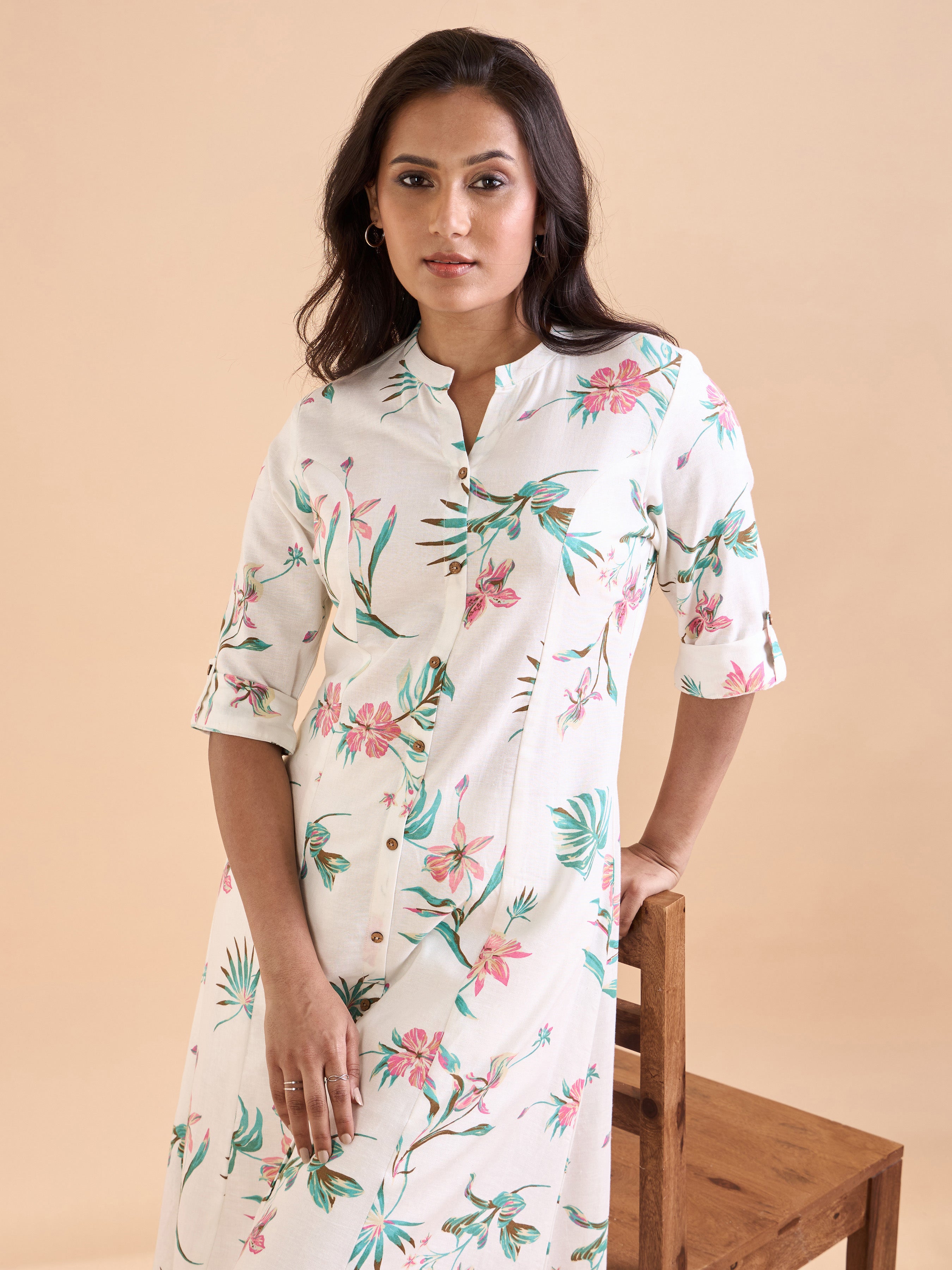 White Viscose Slub Floral Printed Kurti With Lace