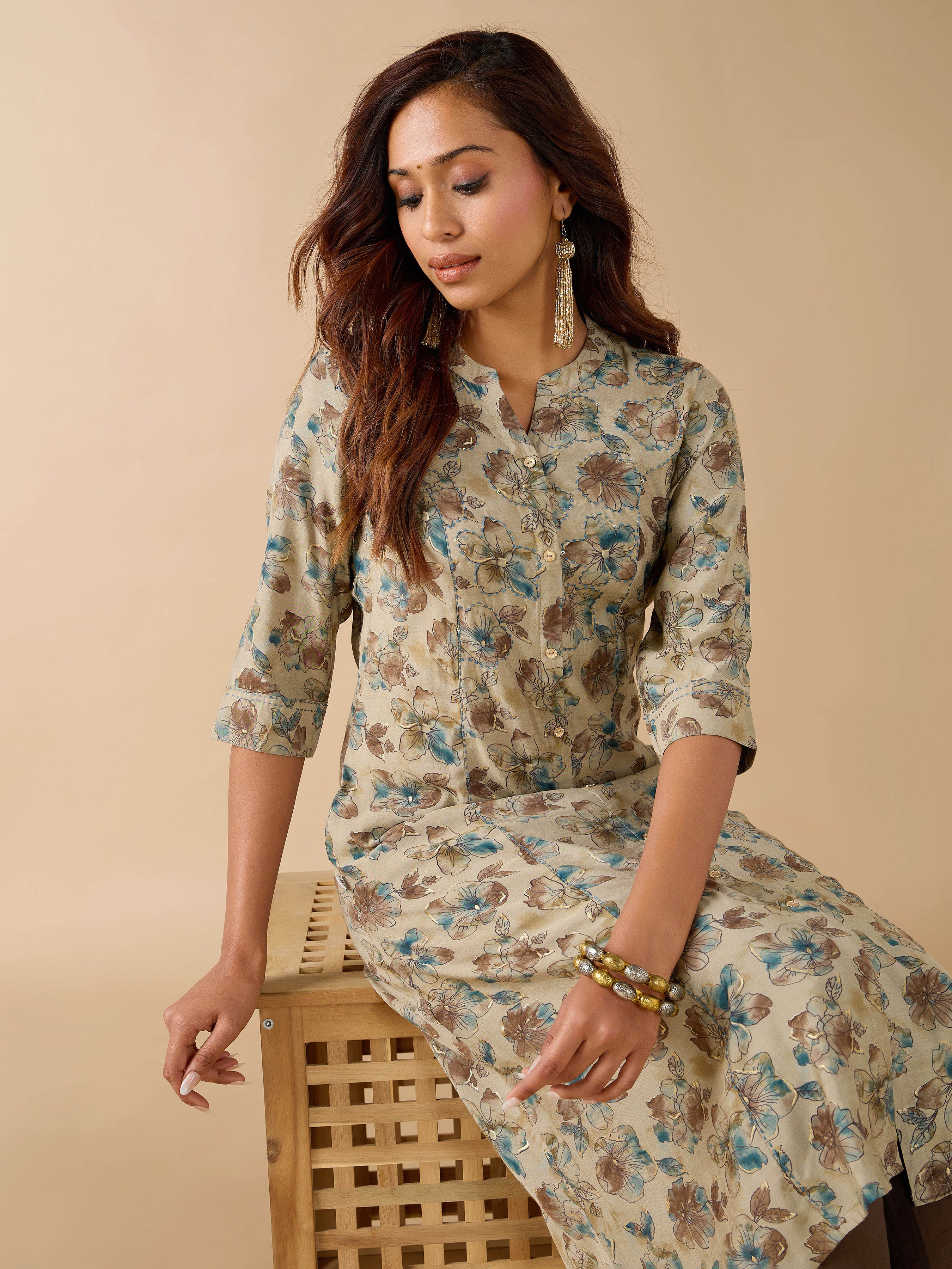 Beige Modal Chanderi Printed Kurti With Sequins Work